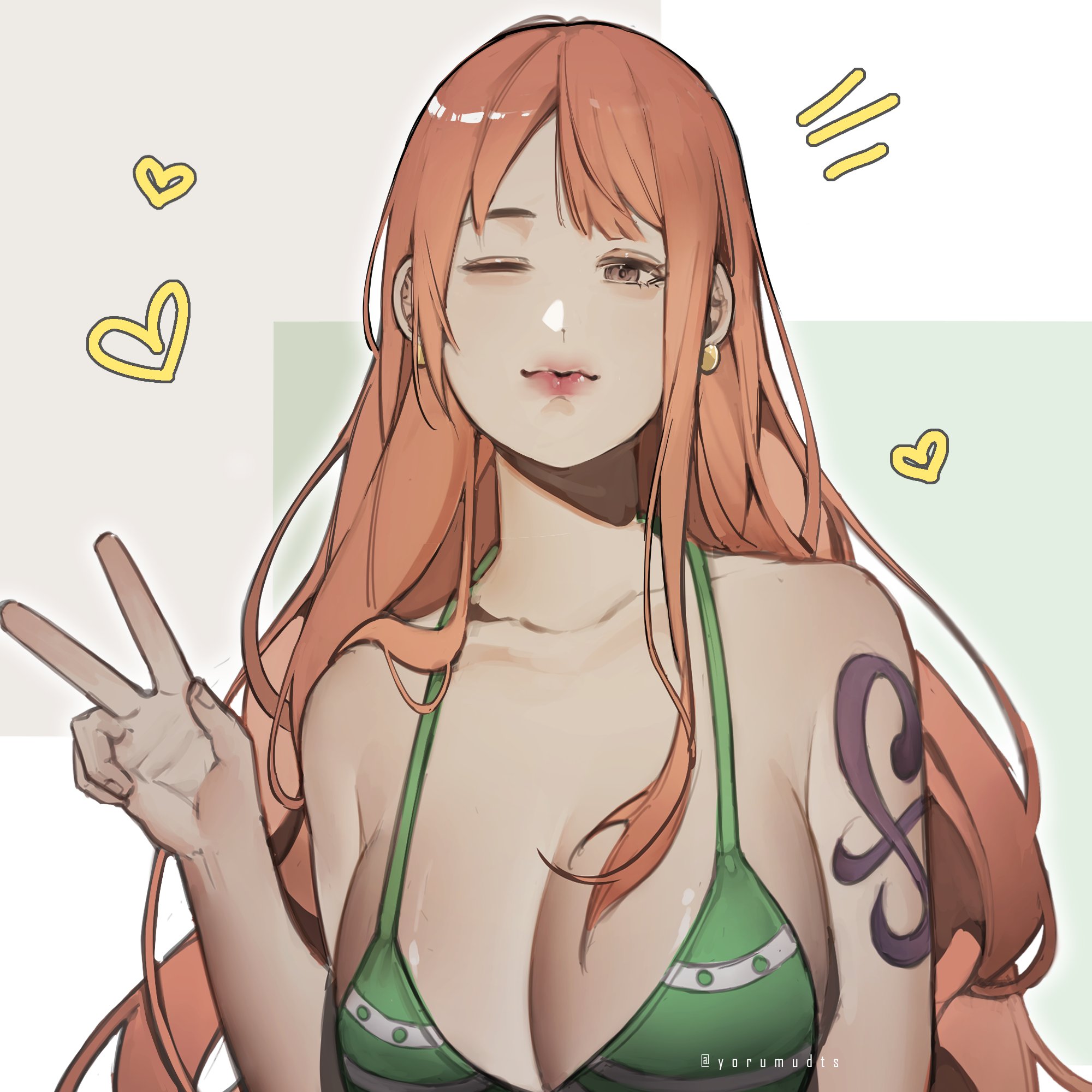 yorumudts, nami (one piece), one piece, highres, 1girl, arm tattoo, bare shoulders, bikini, breasts, brown eyes, cleavage, collarbone, earrings, green bikini, jewelry, large breasts, long hair, one eye closed, orange hair, pink lips, solo, swimsuit, tattoo, twitter username, upper body, v