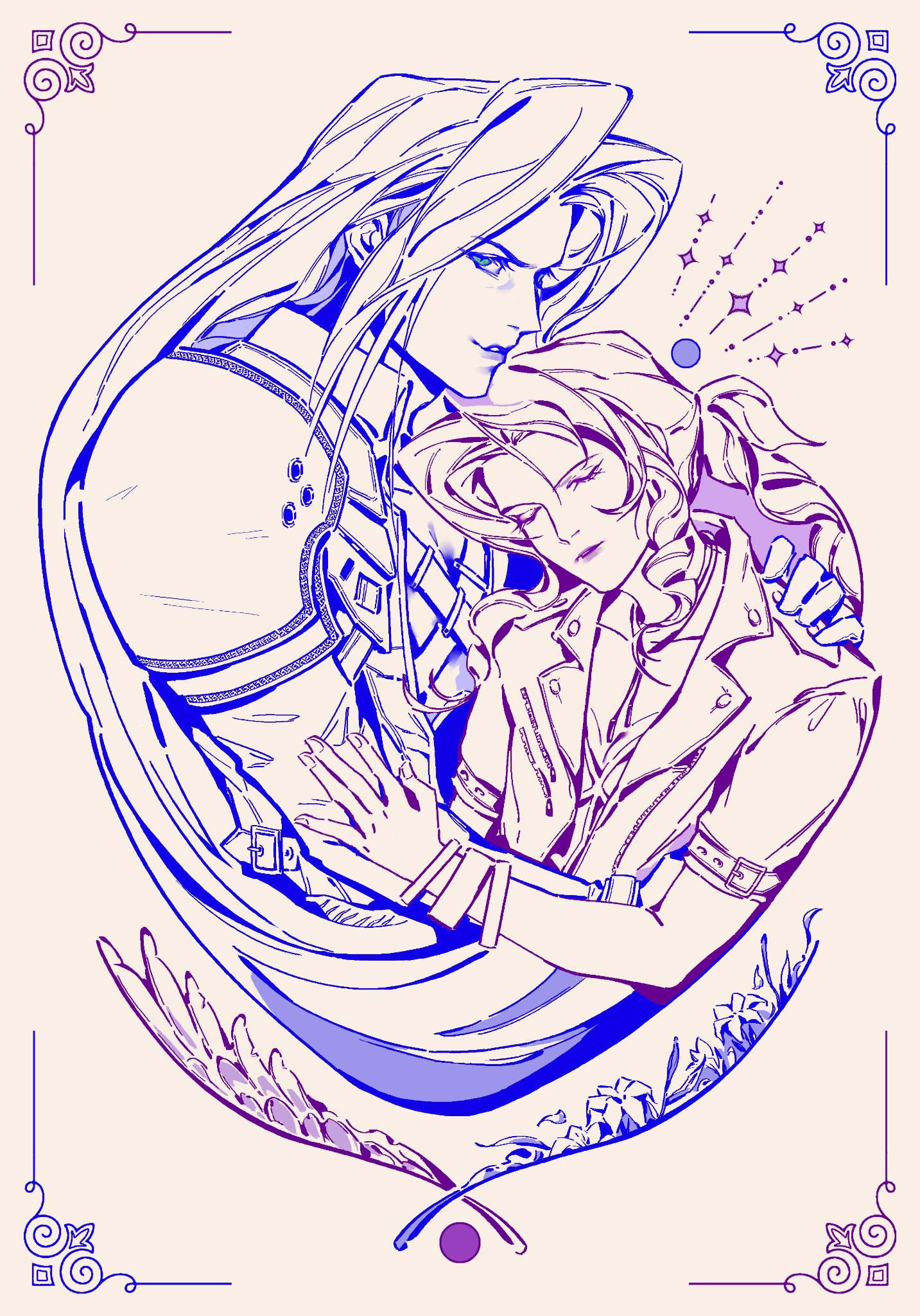 aerith gainsborough, sephiroth, final fantasy, final fantasy vii, final fantasy vii remake, highres, 1boy, 1girl, arm around shoulder, armor, bangle, bracelet, braid, braided ponytail, breasts, chest strap, choker, cleavage, closed eyes, dress, ehesiocnarf, hair ribbon, hand on another's arm, hetero, jacket, jewelry, long bangs, long hair, medium breasts, parted bangs, parted lips, pauldrons, ribbon, short sleeves, shoulder armor, sidelocks, single braid, sketch, slit pupils, smile, upper body