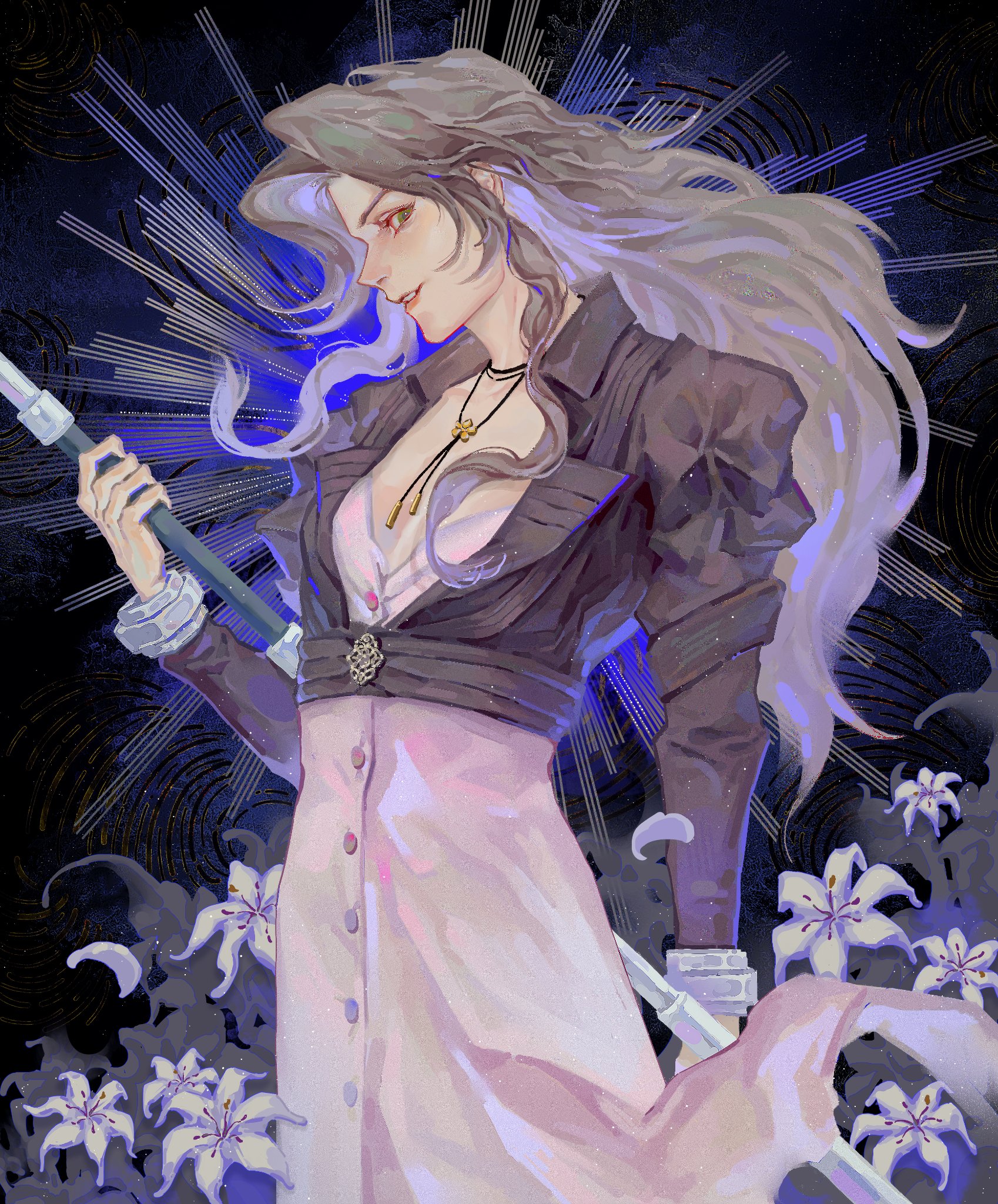 aerith gainsborough, final fantasy, final fantasy vii, final fantasy vii rebirth, final fantasy vii remake, highres, 1girl, alternate costume, bangle, black jacket, bracelet, breasts, brown hair, buttons, choker, cleavage, cowboy shot, cropped jacket, dress, ehesiocnarf, flower, flower choker, holding, holding staff, jacket, jewelry, lily (flower), long dress, long hair, long sleeves, medium breasts, parted bangs, parted lips, pink dress, sidelocks, smile, solo, staff, wavy hair, white flower