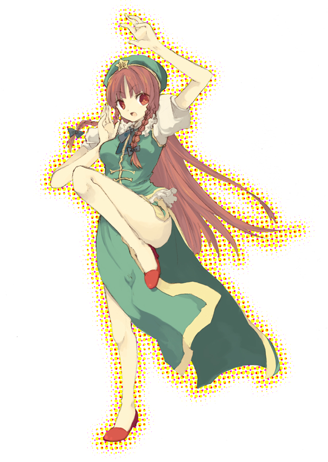 shiina aya, hong meiling, immaterial and missing power, touhou, 1girl, blue eyes, braid, female focus, hat, long hair, open mouth, red hair, smile, solo, standing, standing on one leg, twin braids