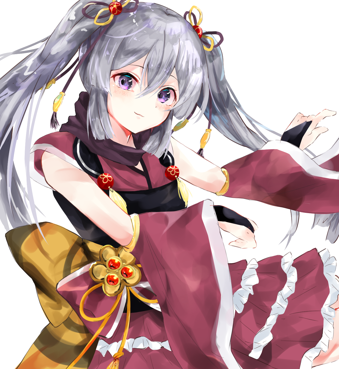 yuunamida uyu, tokime shizuka, magia record: mahou shoujo madoka magica gaiden, mahou shoujo madoka magica, highres, 1girl, bow, bowtie, detached sleeves, dress, frilled dress, frilled skirt, frilled sleeves, frills, grey hair, hair ornament, japanese clothes, magical girl, purple eyes, scarf, skirt, smile, tassel, twintails