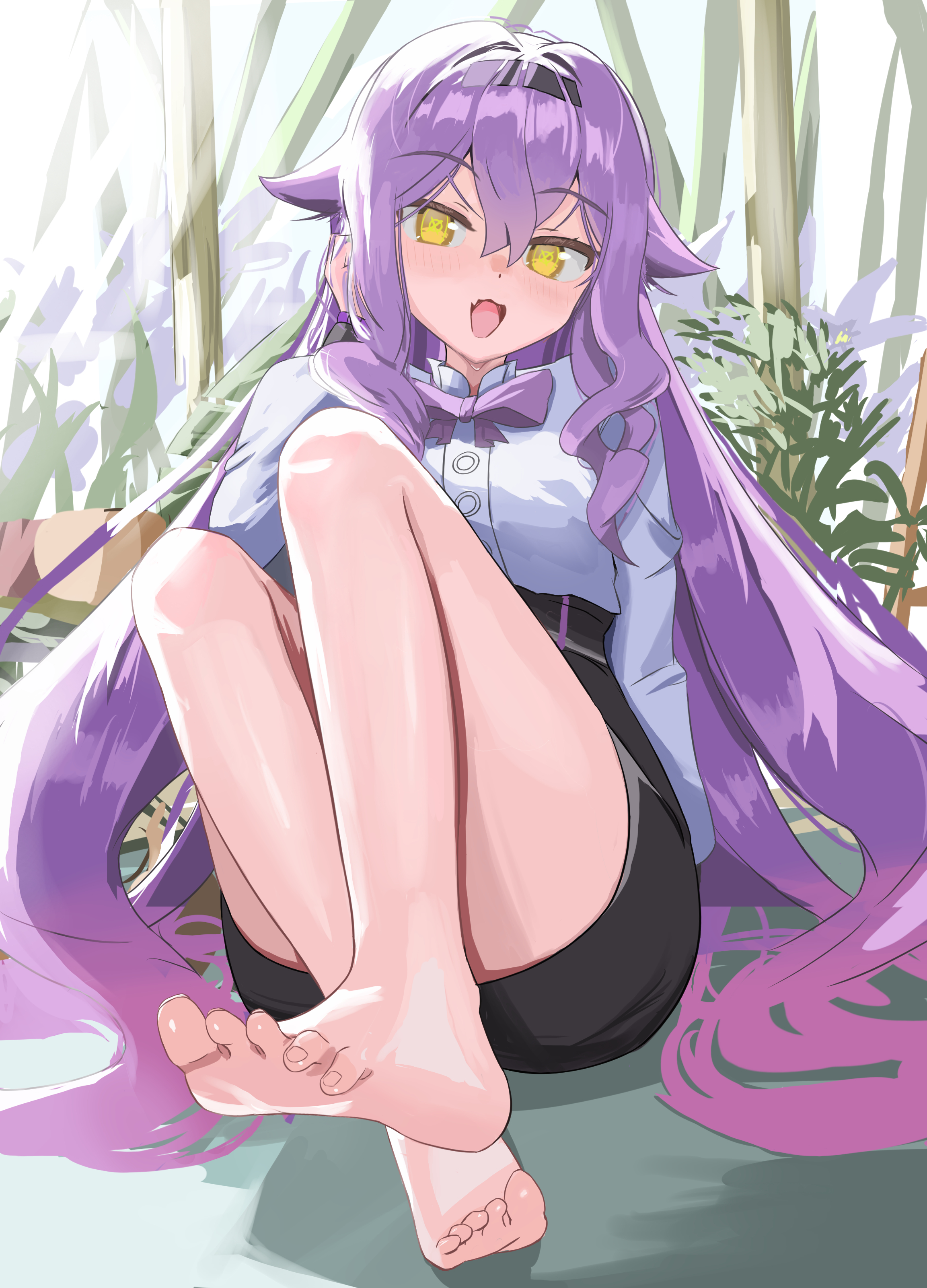 masita (kcsf3528), sirin, sirin (magic academy uniform), sirin (miracle magical girl), honkai (series), honkai impact 3rd, absurdres, commentary request, highres, 1girl, barefoot, black skirt, breasts, feet, long hair, official alternate costume, open mouth, pencil skirt, purple hair, shirt, skirt, small breasts, soles, solo, toes, very long hair, white shirt, yellow eyes