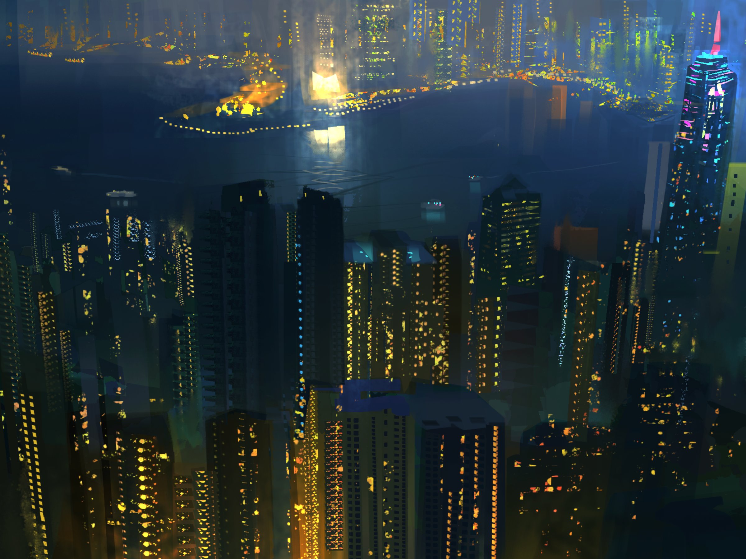 samuel smith, original, highres, blurry, blurry background, bokeh, building, city lights, cityscape, depth of field, night, no humans, painterly, reflection, reflective water, river, scenery, skyscraper