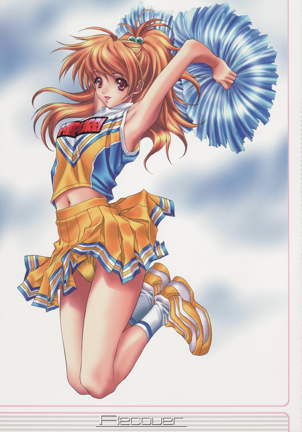 nas-o, highres, scan, 1girl, brown hair, cheerleader, clothes lift, female focus, jumping, long hair, midriff, navel, panties, pantyshot, pom pom (cheerleading), red eyes, shoes, skirt, skirt lift, smile, sneakers, socks, solo, underwear, yellow panties