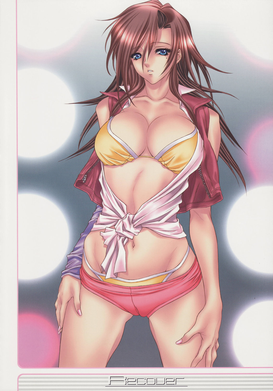 nas-o, highres, scan, 1girl, bikini, blue eyes, breasts, brown hair, cleavage, collarbone, female focus, front-tie top, large breasts, long hair, mole, mole under eye, nail polish, navel, open clothes, open shirt, parted lips, shirt, short shorts, shorts, solo, swimsuit, vest