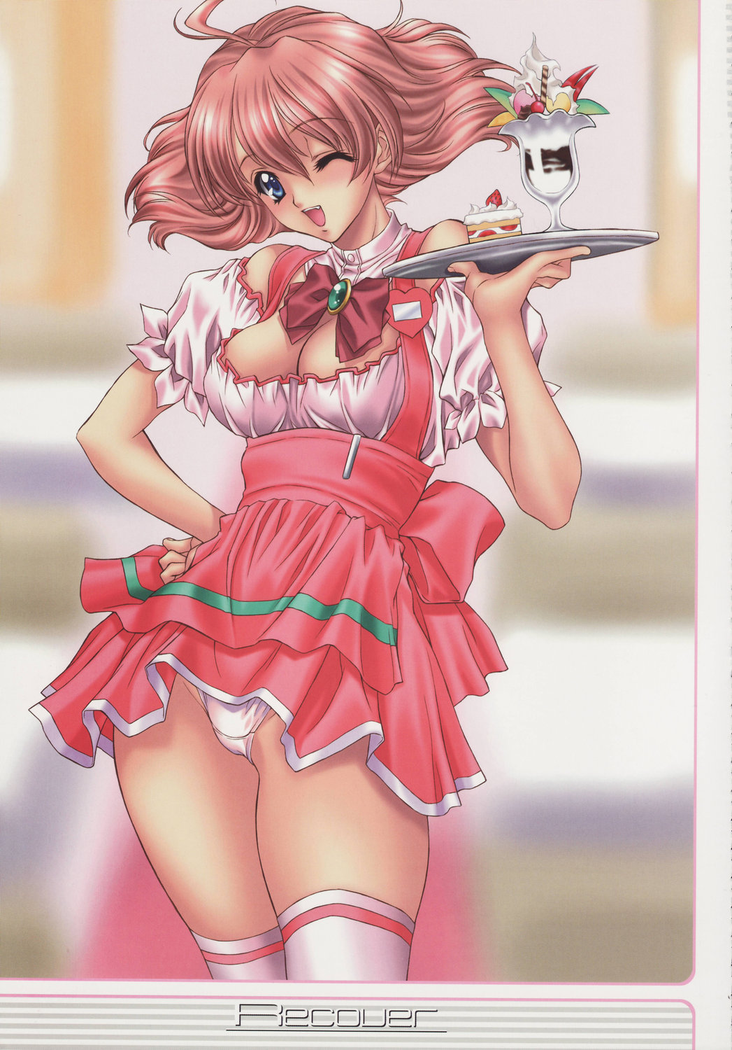 nas-o, highres, scan, 1girl, blouse, blue eyes, breasts, cake, female focus, food, ice cream, maid, medium breasts, panties, pantyshot, red hair, shirt, short hair, skirt, solo, standing, thighhighs, underwear, waitress, white panties