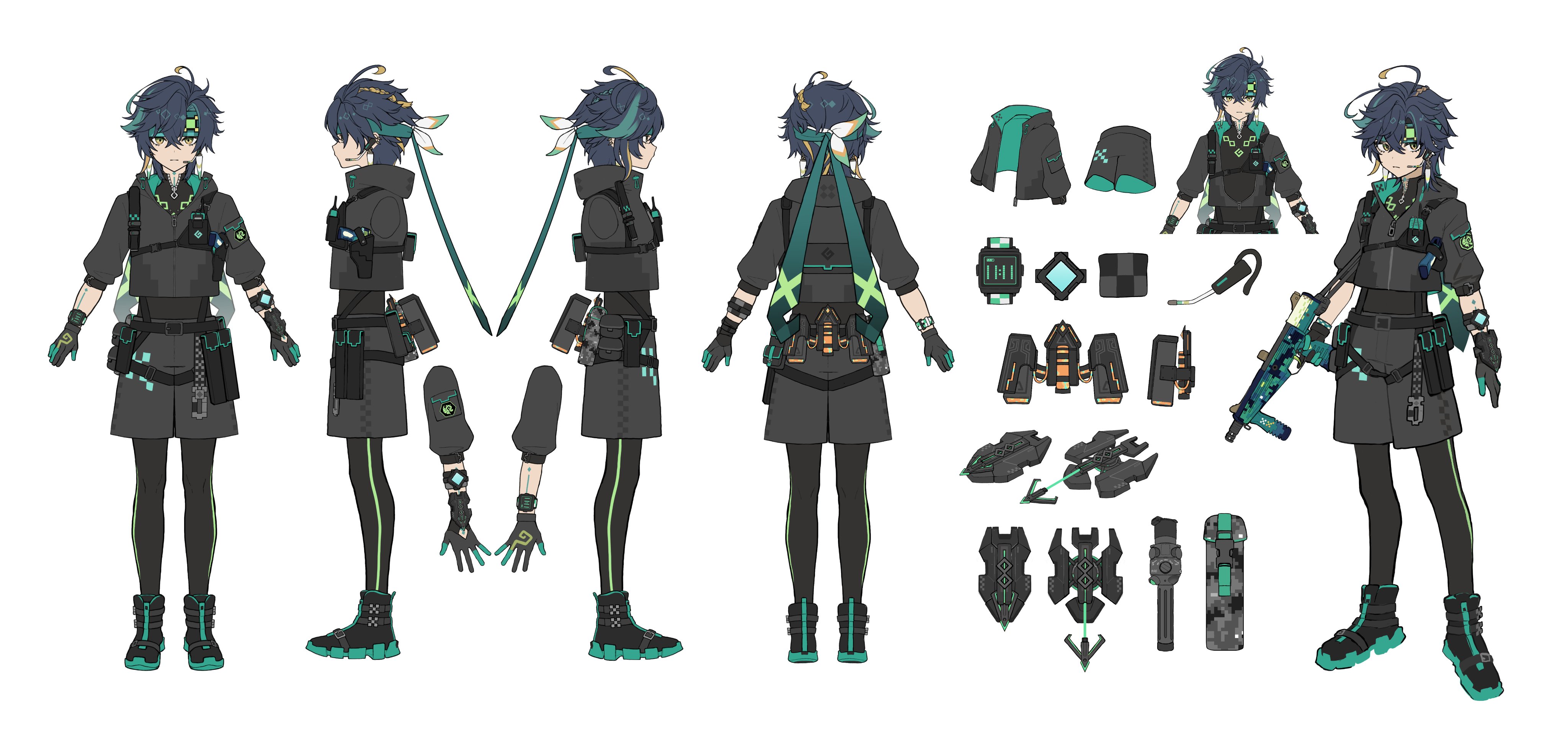 seallllion, kinich (genshin impact), genshin impact, absurdres, highres, weapon request, 1boy, ahoge, alternate costume, ammunition pouch, aqua headband, arm tattoo, belt pouch, black boots, black gloves, black hair, black leggings, boots, braid, buckle, closed mouth, cropped arms, cropped jacket, crossed bangs, earrings, expressionless, from behind, full body, geo symbol (genshin impact), gloves, grappling hook, green eyes, green headband, grey jacket, grey shorts, gun, handgun, headband, headset, holding, holding gun, holding weapon, holster, hood, hooded jacket, hook, hoyofair, jacket, jewelry, knife sheath, leggings, load bearing equipment, magazine (weapon), multiple views, neck tattoo, pda, pouch, reference sheet, sheath, short hair, short sleeves, shorts, side braid, simple background, snap-fit buckle, spiked ear piercing, standing, straight-on, submachine gun, tactical clothes, tattoo, turnaround, vertical foregrip, walkie-talkie, watch, weapon, white background, wristwatch, zipper, zipper pull tab