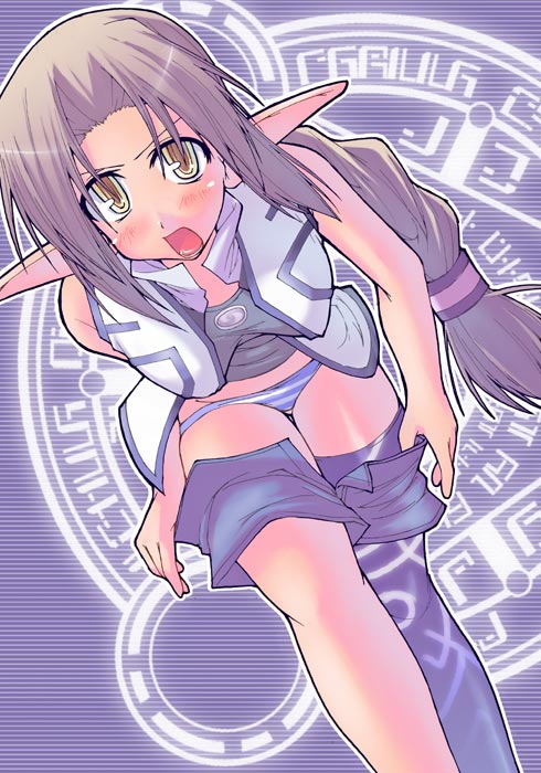 ryo (liver sashi daisuki!), elly person, fonewearl, newman, phantasy star, phantasy star online, 1girl, angry, bent over, blue thighhighs, blush, braid, breasts, brown hair, clothes pull, d:, d:<, elf, female focus, large breasts, long hair, looking at viewer, magic circle, midriff, open mouth, panties, pointy ears, pulling own clothes, purple background, shorts, shorts pull, single braid, single thighhigh, sleeveless, solo, striped clothes, striped panties, thighhighs, underwear, undressing, v-shaped eyebrows, very long hair, vest, white hair, yellow eyes