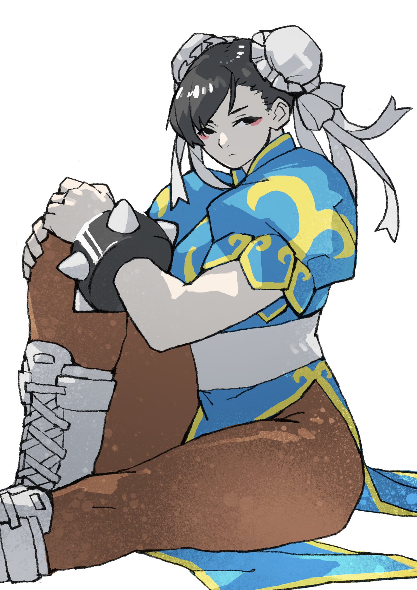 e-kaki, chun-li, capcom, street fighter, highres, 1girl, bangle, belt, black hair, blue dress, boots, bracelet, breasts, brown pantyhose, bun cover, china dress, chinese clothes, closed mouth, colored eyelashes, double bun, dress, foot out of frame, gold trim, hair bun, hair ribbon, hugging own legs, jewelry, looking at viewer, medium breasts, pantyhose, pelvic curtain, puffy short sleeves, puffy sleeves, ribbon, short sleeves, sitting, solo, spiked bracelet, spikes, updo, white background, white belt, white boots, white ribbon