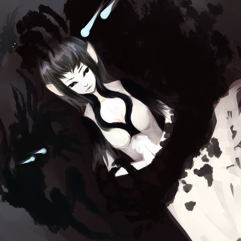 kansou samehada, yorda, ico, bad id, bad pixiv id, 1girl, black hair, female focus, pointy ears, solo
