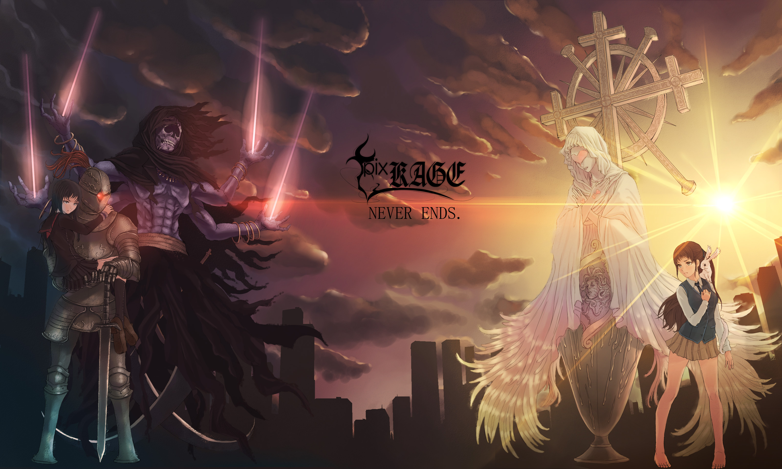 honoji, pixiv shadow, absurdres, highres, 2girls, armor, barefoot, black hair, blue eyes, blue skin, brown eyes, brown hair, cloud, colored skin, cross, demon, english text, extra arms, heart, multiple girls, necktie, rabbit, scythe, skeleton, skirt, sky, spade, sun, sword, teeth, text focus, weapon