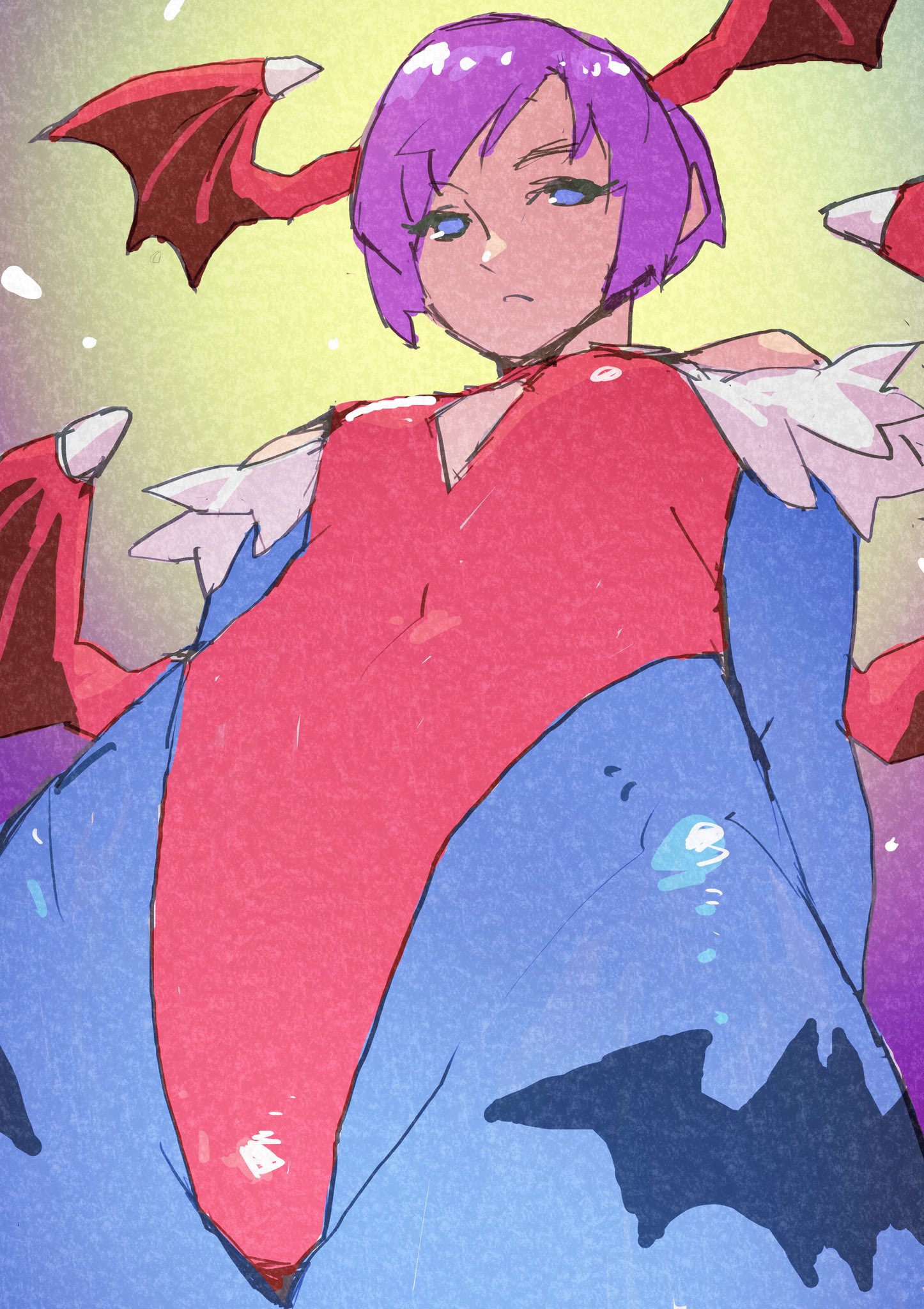 e-kaki, lilith (darkstalkers), darkstalkers, highres, 1girl, animal print, arms behind back, bare shoulders, bat print, blue eyes, blue pantyhose, blue sleeves, breasts, closed mouth, demon girl, demon wings, feather trim, from below, frown, head wings, highleg, highleg leotard, leotard, pantyhose, print pantyhose, purple hair, red leotard, short hair, sketch, small breasts, solo, upper body, wings, yellow background