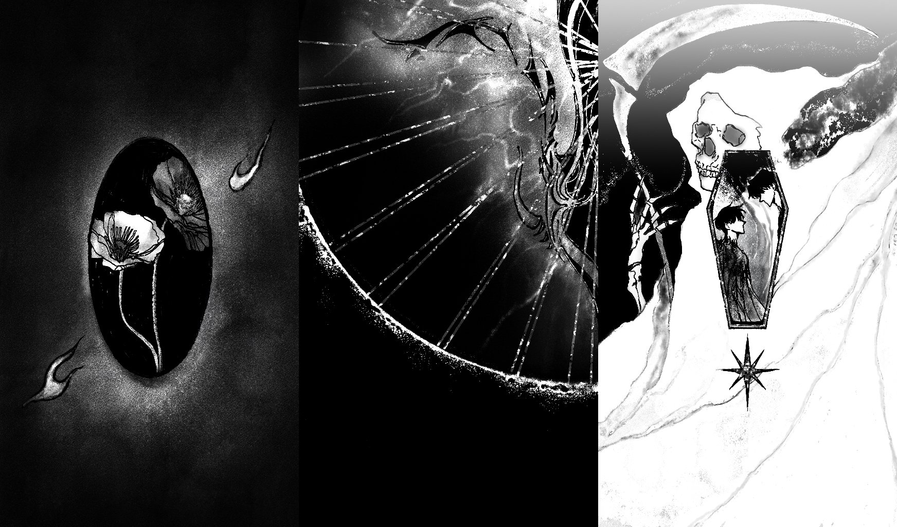 mq cg, death (entity), grim reaper, kim dokja, yoo joonghyuk, omniscient reader's viewpoint, highres, 2boys, black hair, cloak, coffin, facing another, flower, greyscale, hood, hood up, hooded cloak, light rays, monochrome, multiple boys, poppy (flower), scythe, short hair, skeletal hand, skeleton, skull, sparkle, split screen, symbolism, white cloak