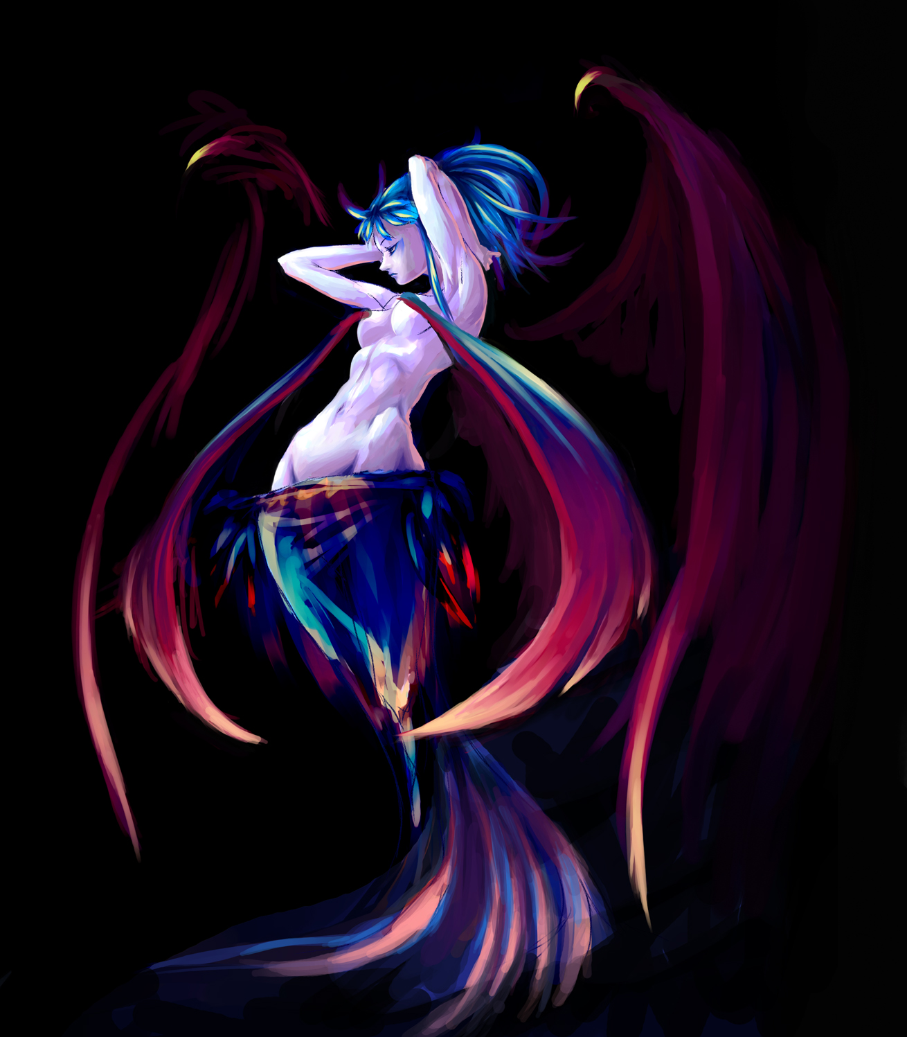 mubouou aasaa, original, bad id, bad pixiv id, highres, 1girl, blue hair, convenient censoring, female focus, solo, wings