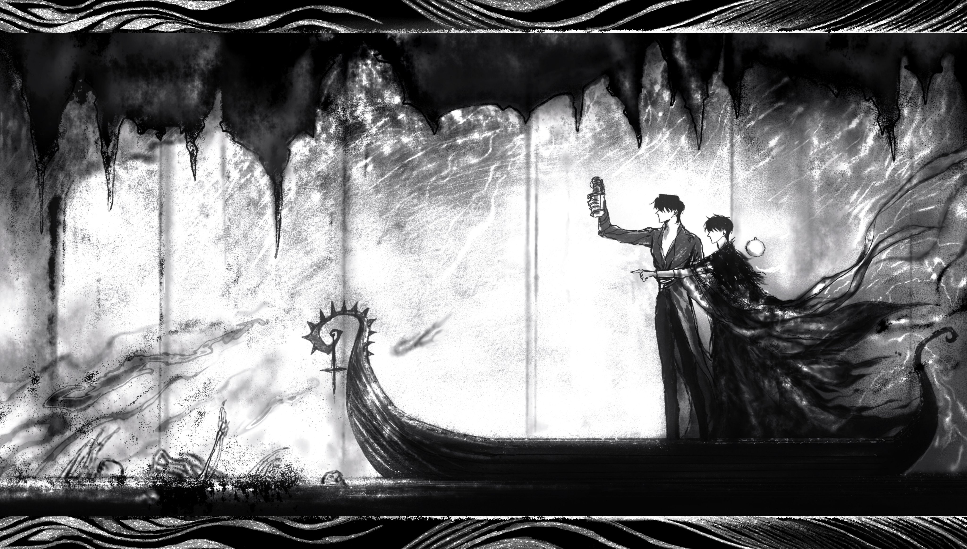 mq cg, biyoo (omniscient reader's viewpoint), kim dokja, yoo joonghyuk, omniscient reader's viewpoint, absurdres, highres, 2boys, black cloak, boat, cloak, cross, faceless, fading, from side, full body, greyscale, holding, holding lantern, lantern, letterboxed, male focus, monochrome, multiple boys, pointing, river, smoke, standing, watercraft