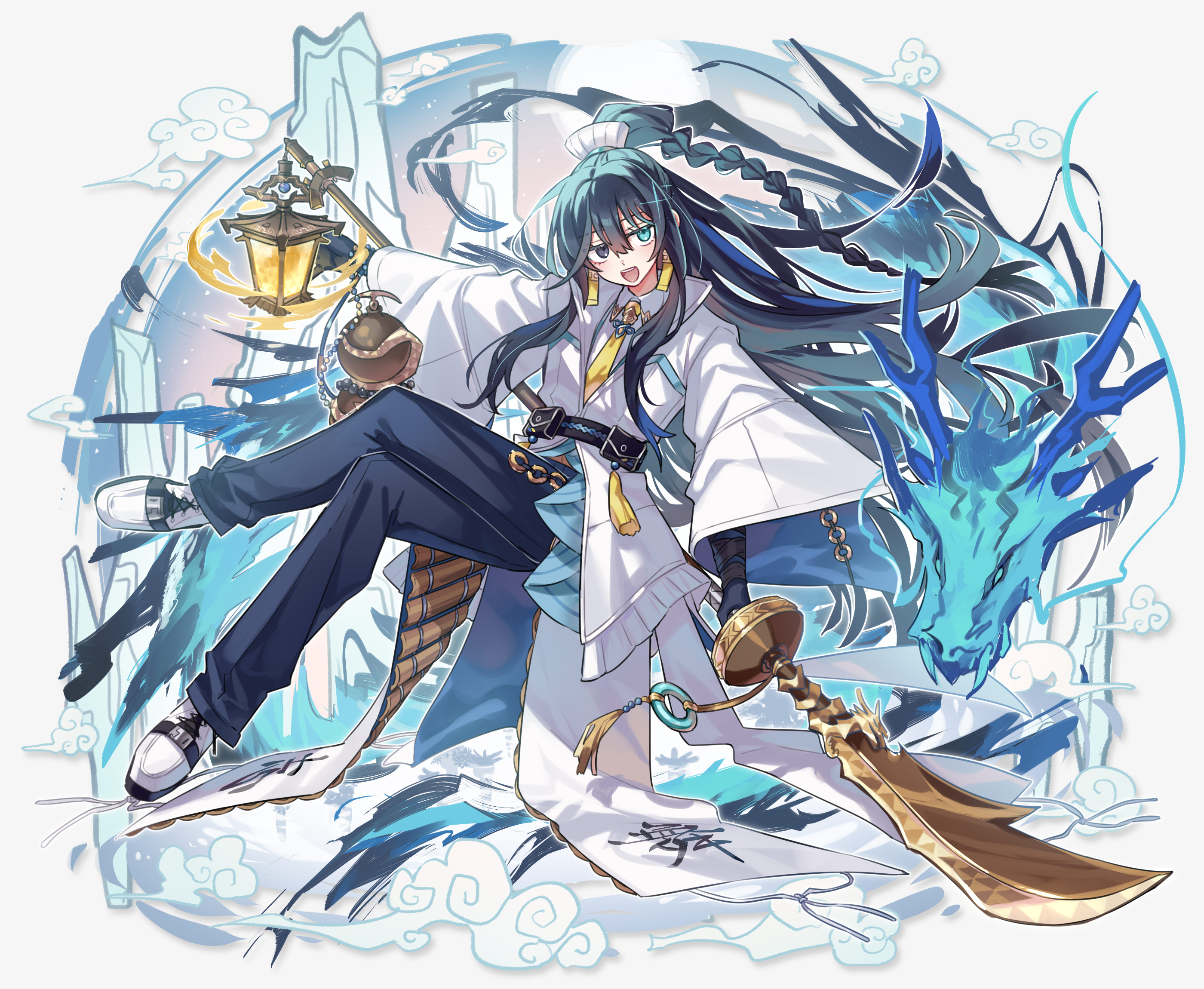 shiki (shikki46), hong lu (project moon), arknights, limbus company, project moon, highres, 1boy, :d, aqua eyes, black eyes, black hair, braid, coat, collared shirt, dragon, e.g.o (project moon), earrings, half updo, heterochromia, holding, holding polearm, holding weapon, jewelry, lantern, long hair, male focus, necktie, open mouth, pants, polearm, shirt, sidelocks, smile, solo, teeth, to remain oneself (e.g.o), upper teeth only, very long hair, weapon, white coat, white shirt, yellow necktie