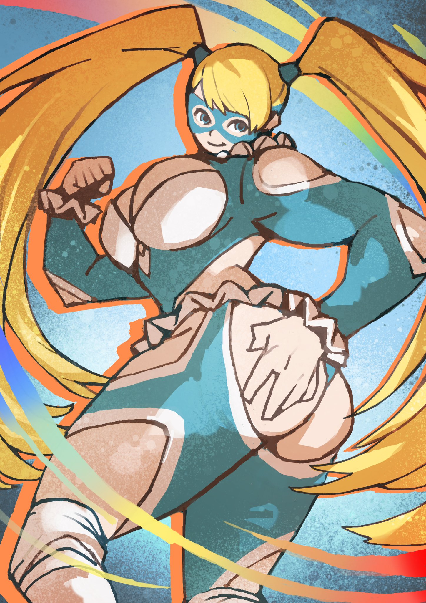 e-kaki, rainbow mika, street fighter, street fighter v, highres, 1girl, ass cutout, blonde hair, blue bodysuit, blue eyes, blue mask, bodysuit, breasts, cleavage, cleavage cutout, clenched hand, closed mouth, clothing cutout, domino mask, elbow cutout, feet out of frame, hand on own ass, huge breasts, long hair, mask, revealing clothes, shoulder cutout, smile, solo, thigh cutout, twintails, very long hair, wrestling mask, wrestling outfit