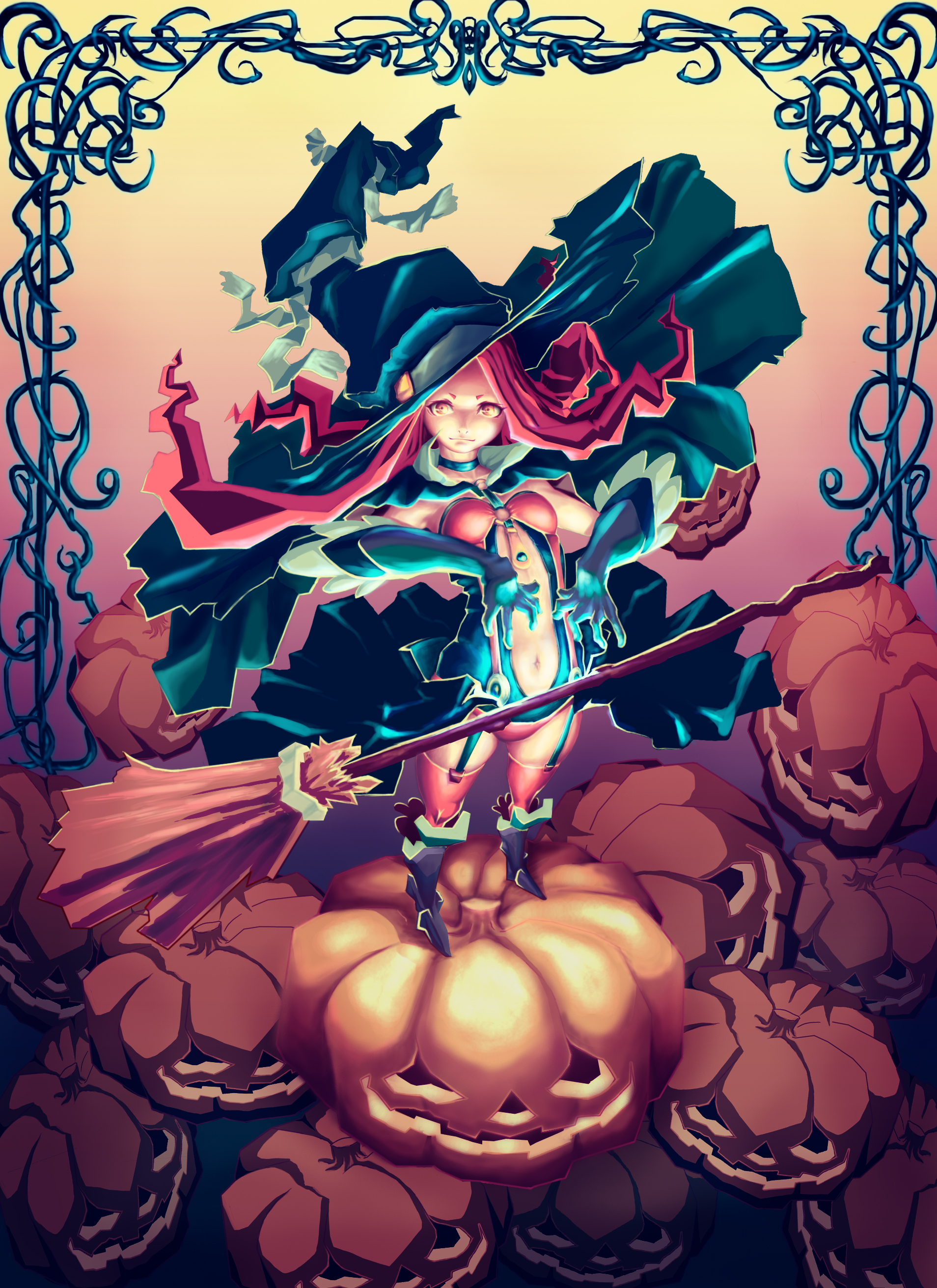 mubouou aasaa, original, absurdres, highres, broom, garter straps, gloves, hat, jack-o'-lantern, leg armor, magic, navel, orange eyes, pumpkin, red hair, solo, thighhighs, witch, witch hat