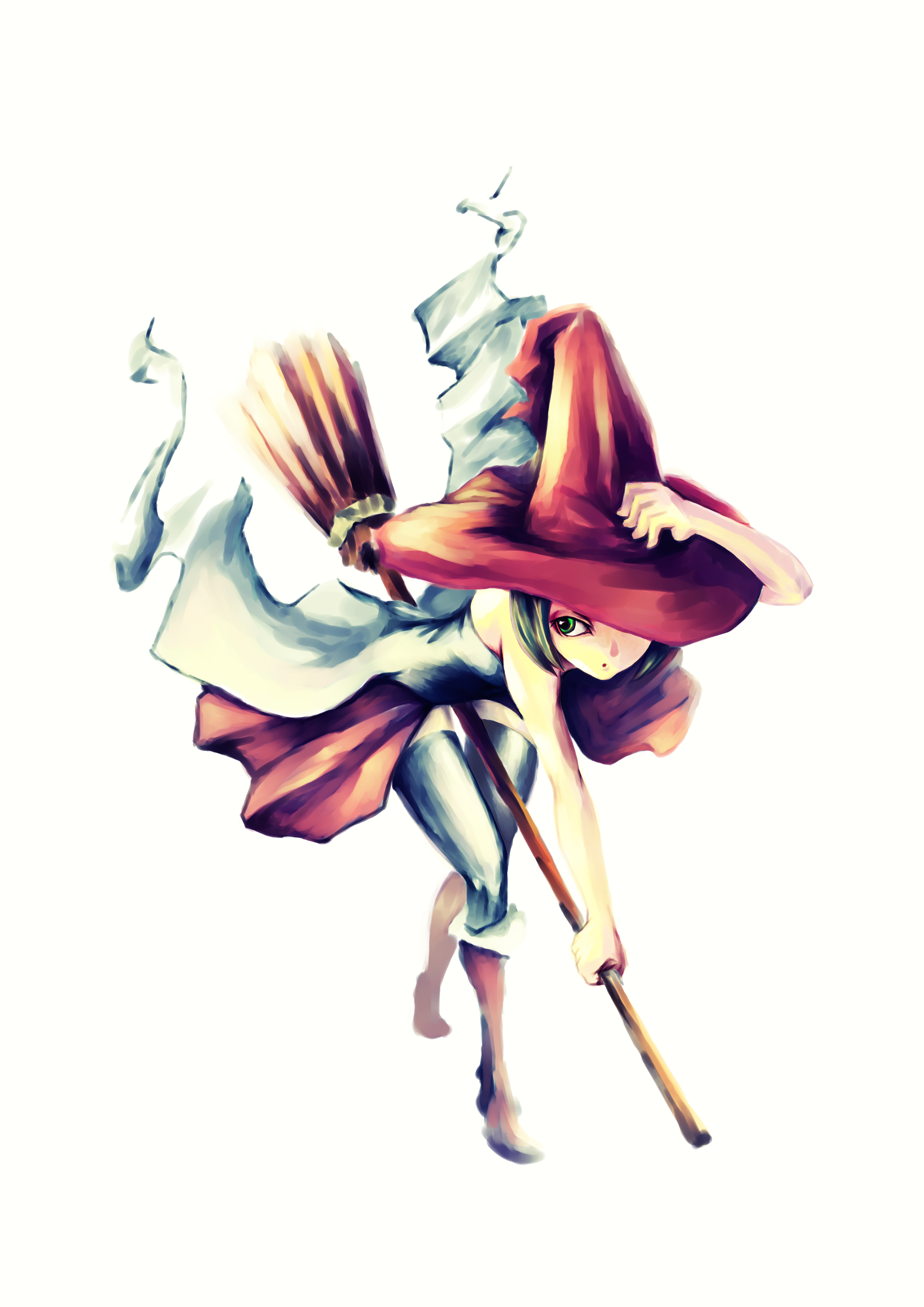 mubouou aasaa, original, absurdres, bad id, bad pixiv id, highres, black hair, broom, broom riding, green eyes, hat, solo, witch, witch hat