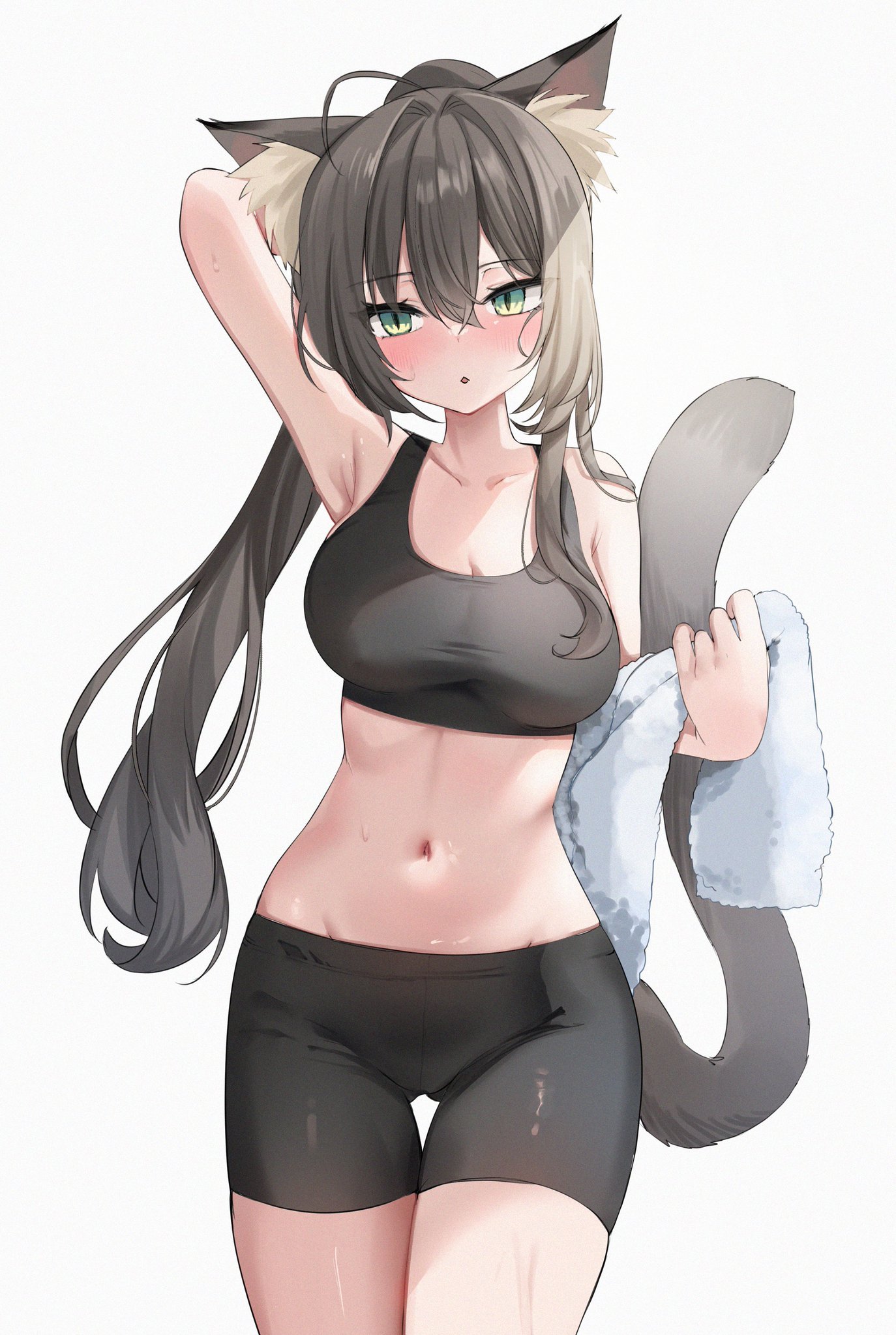 akahaneko, original, commentary request, highres, 1girl, ahoge, animal ears, arm up, armpits, bike shorts, black shorts, black sports bra, blush, breasts, brown hair, cat ears, cat girl, cat tail, cowboy shot, green eyes, hair between eyes, holding, holding towel, large breasts, long hair, navel, parted lips, ponytail, short shorts, shorts, simple background, slit pupils, solo, sports bra, standing, stomach, tail, towel, white background