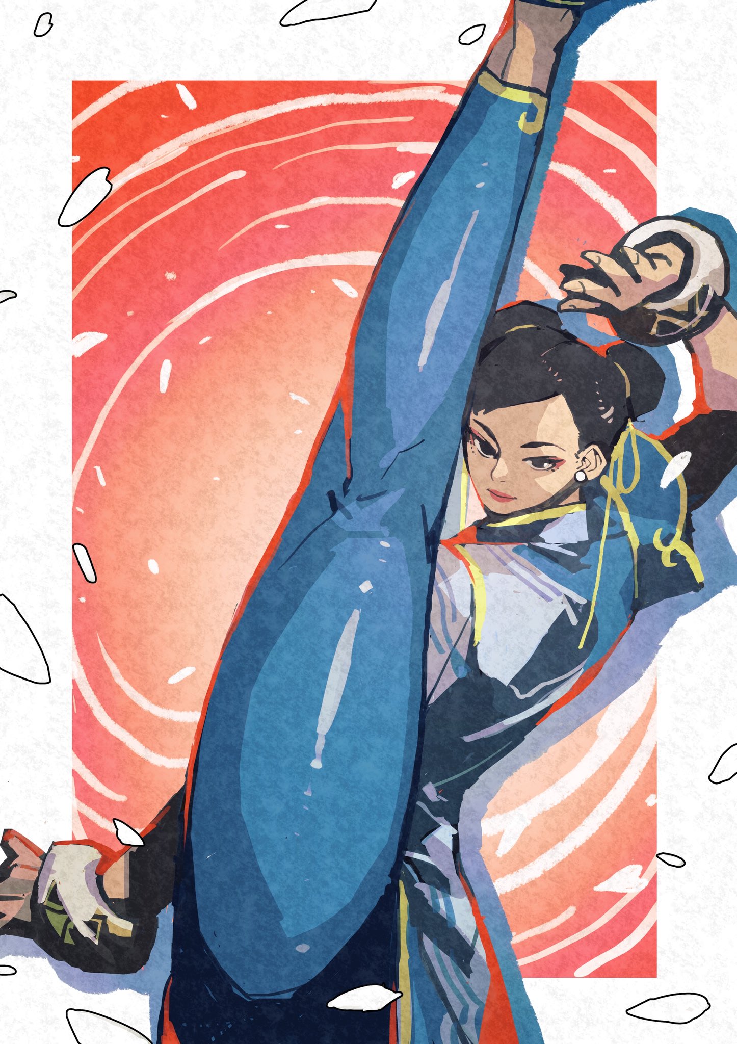 e-kaki, chun-li, capcom, street fighter, street fighter 6, highres, 1girl, bangle, black hair, blue pants, border, bracelet, china dress, chinese clothes, closed mouth, double bun, dress, earrings, falling petals, fighting stance, foot up, gold trim, hair bun, hair ribbon, high kick, jewelry, kicking, martial arts, pants, pearl earrings, pelvic curtain, petals, ribbon, ripples, solo, white border, white dress