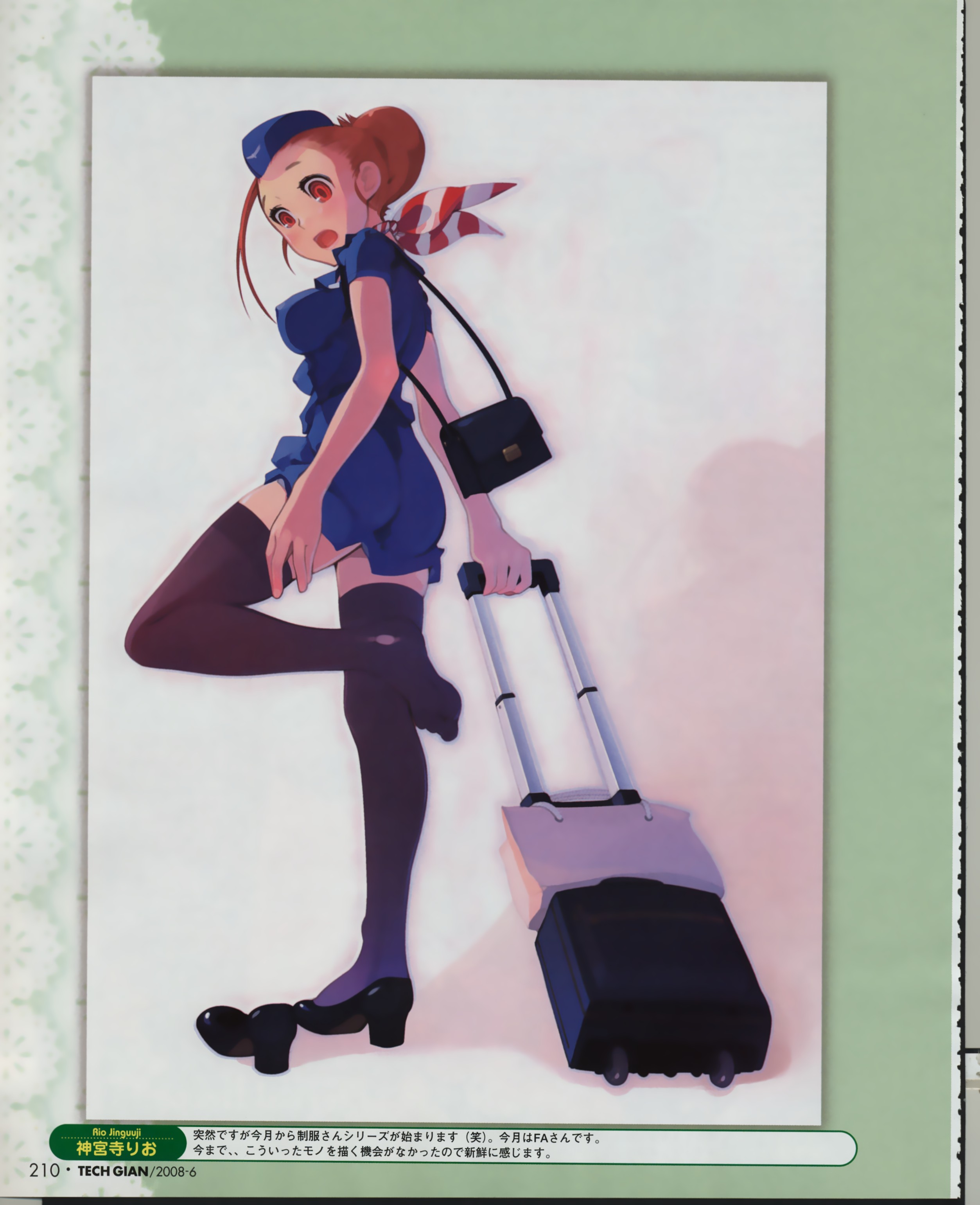 jinguuji rio, absurdres, highres, 1girl, blush, breasts, female focus, flight attendant, high heels, medium breasts, red eyes, red hair, shoes, single shoe, skirt, solo, suitcase, surprised, thighhighs, travel attendant
