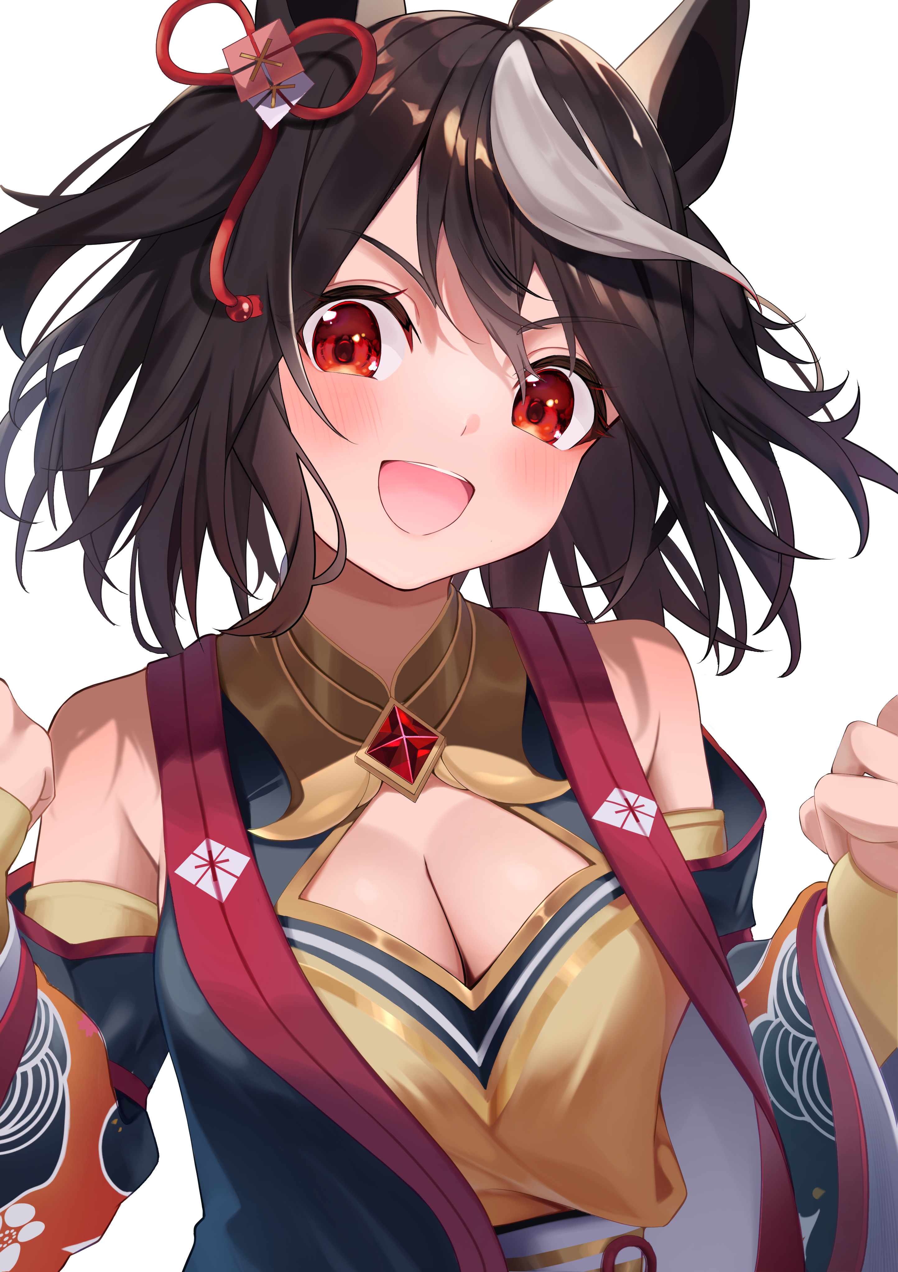 a o 1016, kitasan black (umamusume), umamusume, absurdres, commentary request, highres, 1girl, :d, ahoge, animal ears, bare shoulders, black hair, blush, breasts, cleavage, clenched hands, detached sleeves, ear ornament, hair between eyes, hair ornament, hands up, horse ears, horse girl, kitasan black (crowning ooban) (umamusume), large breasts, looking at viewer, medium hair, multicolored hair, open mouth, red eyes, simple background, smile, solo, streaked hair, teeth, upper body, upper teeth only, white background, white streaks
