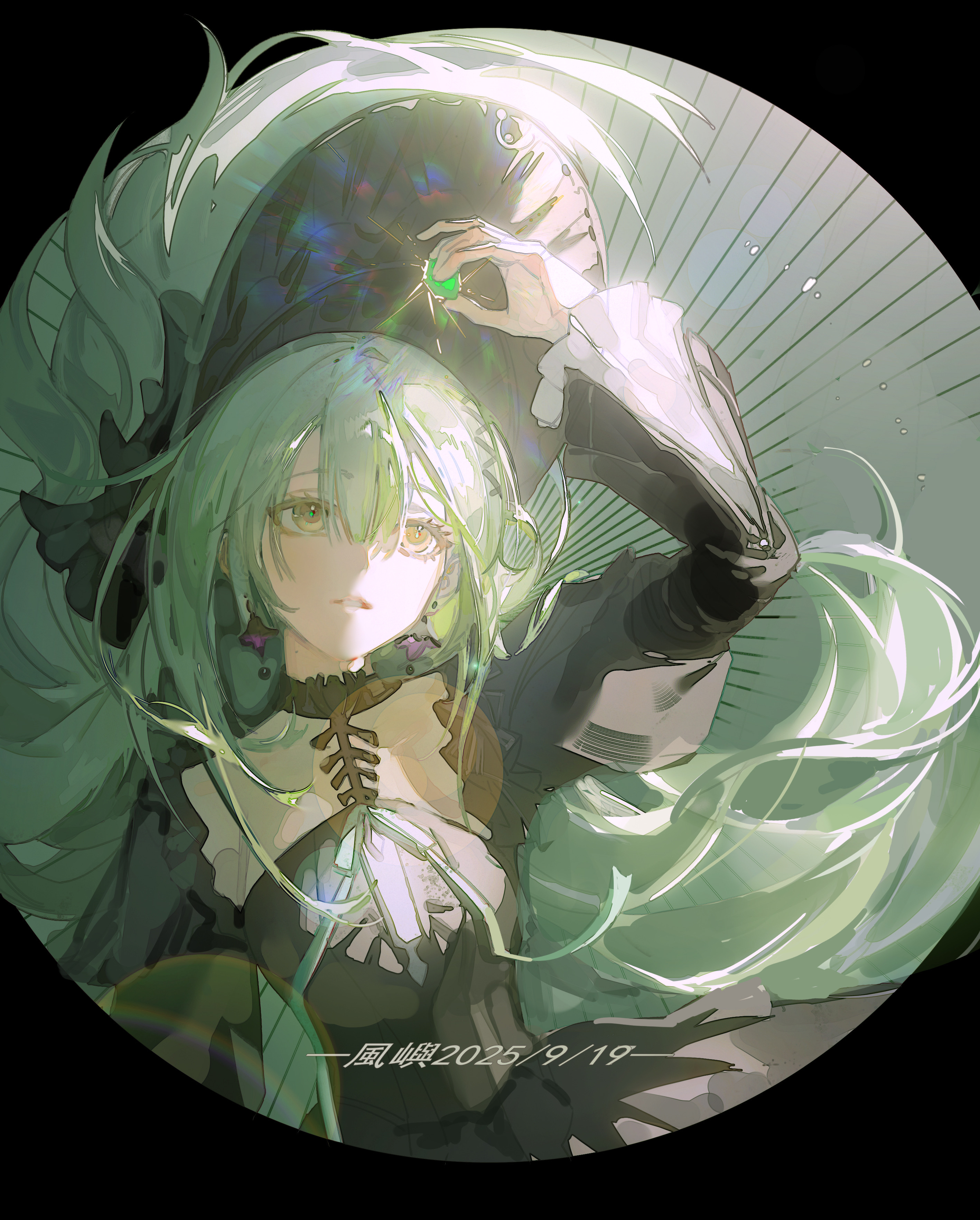 wakaba mutsumi, wakaba mutsumi (marionette's id), arknights, bang dream!, bang dream! it's mygo!!!!!, absurdres, chinese commentary, commentary request, highres, 1girl, black bonnet, black dress, bonnet, dated, dl fengyu, dress, earrings, floating hair, gem, glowing, gothic lolita, green background, green hair, hair ornament, hand up, holding, holding gem, jewelry, juliet sleeves, lolita fashion, long hair, long sleeves, parted lips, puffy sleeves, sidelocks, solo, x hair ornament, yellow eyes