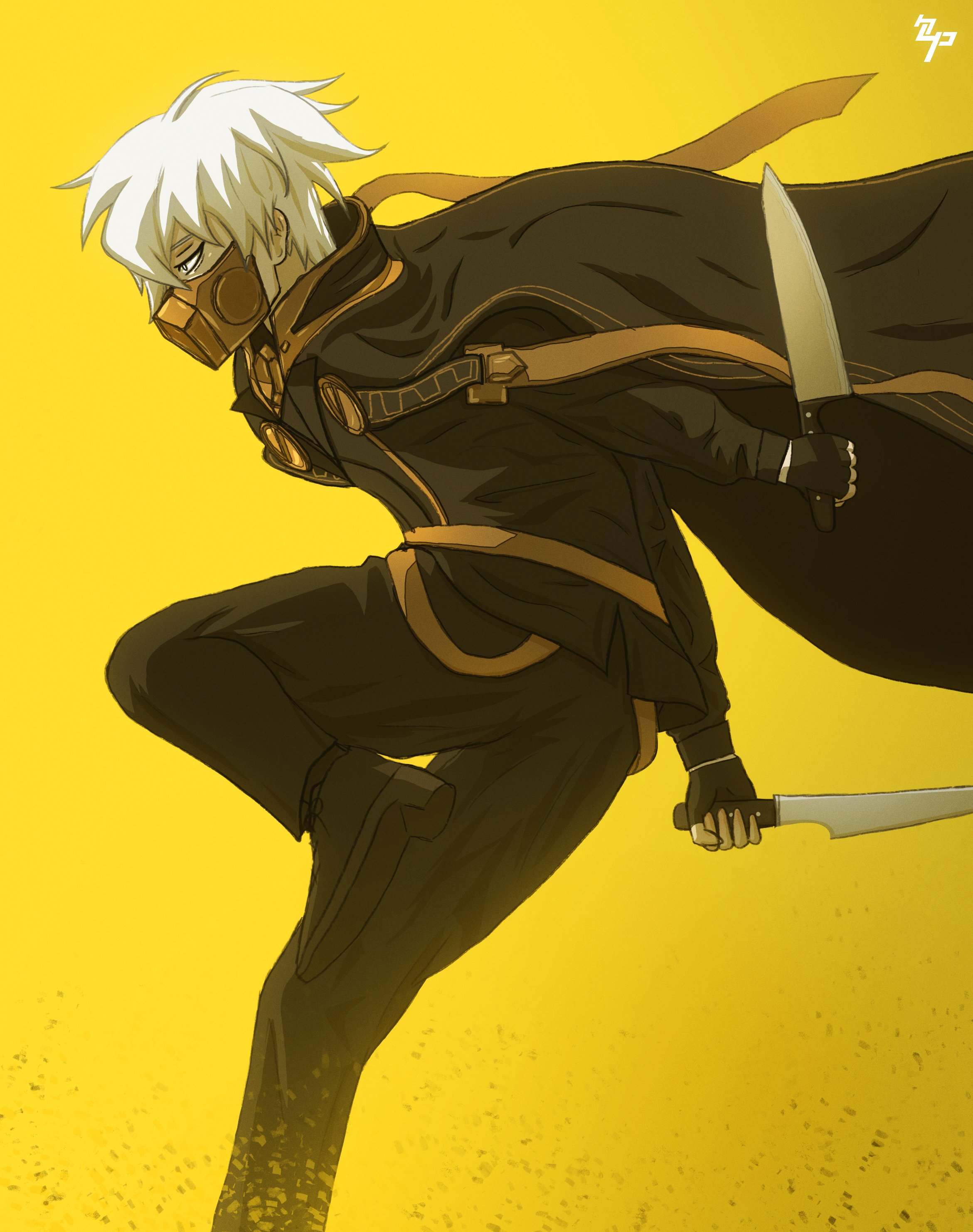 drzetch, ghostblade (to be hero x), to be hero, to be hero x, absurdres, highres, black gloves, black jacket, covered mouth, dual wielding, fingerless gloves, foot out of frame, from side, gloves, gold trim, holding, holding knife, jacket, jacket on shoulders, knee up, knife, mask, mouth mask, short hair, white hair