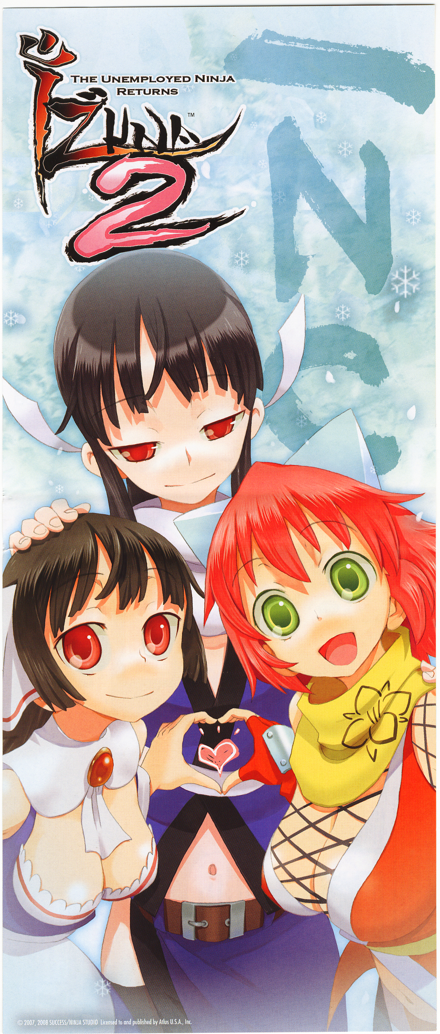 yoshida on, izuna (gouma reifuden izuna), shino (gouma reifuden izuna), shizune (gouma reifuden izuna), gouma reifuden izuna, absurdres, highres, scan, 3girls, belt, black hair, breasts, cleavage, fishnets, flat chest, goggles, green eyes, hair ribbon, heart, heart hands, heart hands duo, heart in heart hands, huge breasts, large breasts, midriff, multiple girls, navel, ninja, pink hair, poster (medium), red eyes, ribbon, scarf, siblings, sisters, smile, thighhighs, yuri