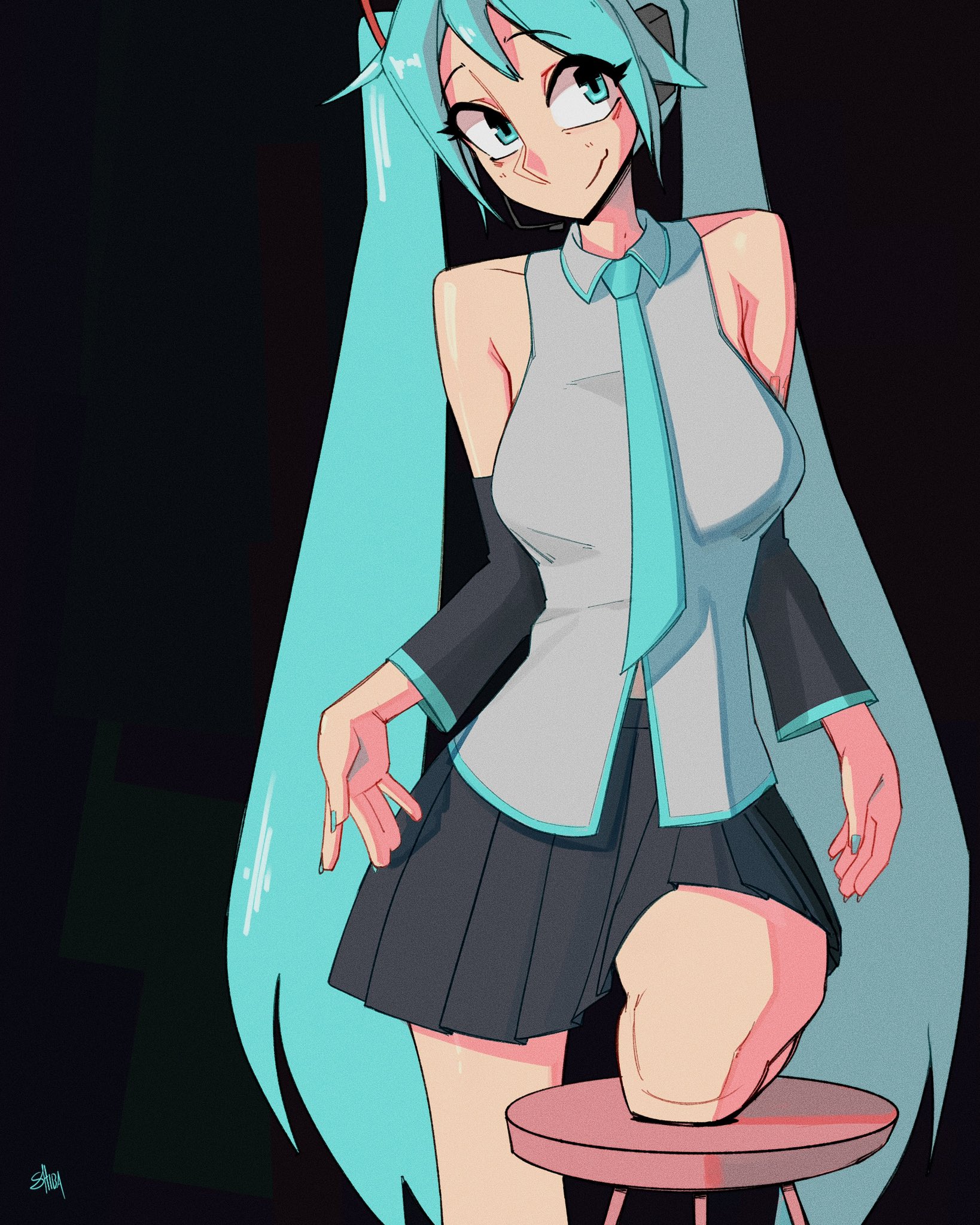shibansfw, hatsune miku, vocaloid, highres, 1girl, aqua eyes, aqua hair, artist name, bare shoulders, black background, breasts, chair, detached sleeves, feet out of frame, fingernails, large breasts, long hair, necktie, one leg raised, sharp fingernails, skirt, smile, square eyes, twintails