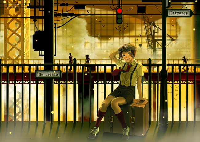 fuwa makoto, original, plaid headwear, 1girl, arm support, bird, black eyes, black skirt, brown hair, crane (animal), dress shirt, hand on headwear, hat, head tilt, kneehighs, knees together feet apart, necktie, newsboy cap, parted lips, people, plaid clothes, railing, red necktie, red socks, shirt, shoes, short hair, short sleeves, signpost, silhouette, sitting, sitting on object, skirt, smile, socks, solo focus, steam, steampunk, suitcase, suspender skirt, suspenders, train station, white shirt, wind, yellow theme