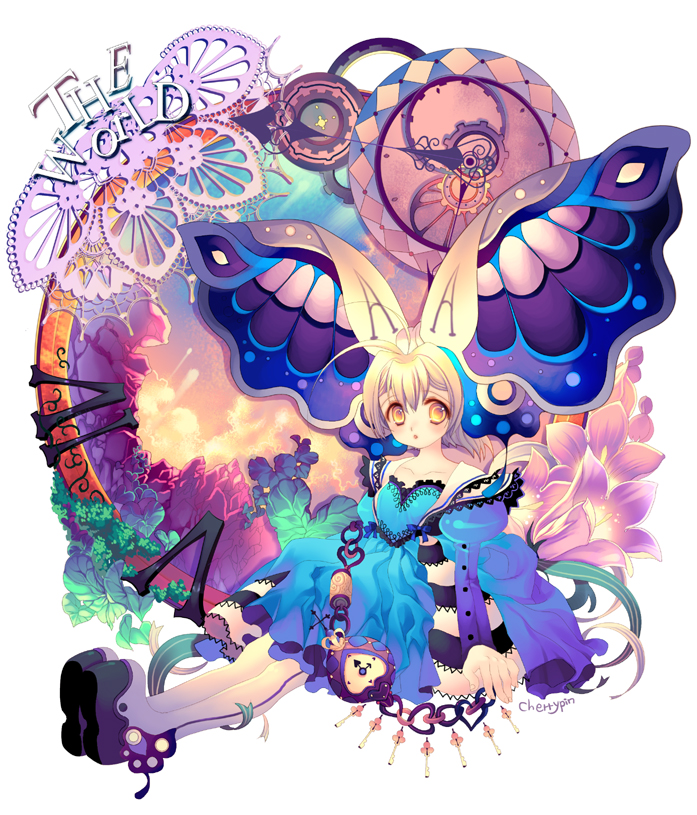cherrypin, original, 1girl, animal ears, bellflower, blonde hair, boots, bug, butterfly, butterfly wings, chain, clock, dress, female focus, flower, insect, insect wings, key, multicolored wings, sitting, solo, thigh boots, thighhighs, wings, yellow eyes