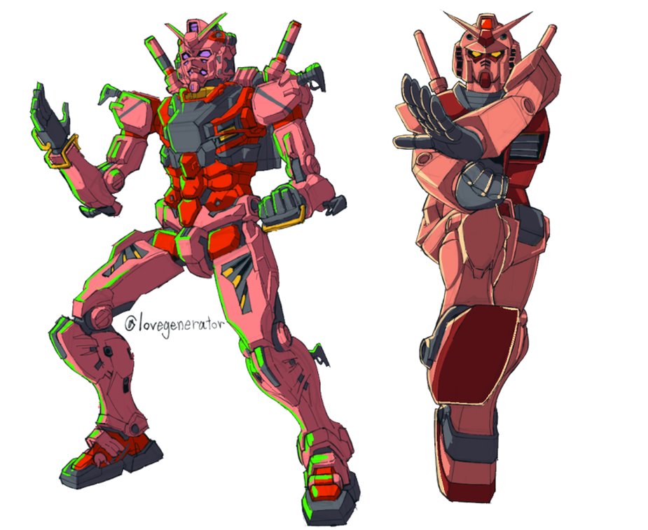 kin-san (sasuraiga), red gundam, rx-78-2 gundam, gundam, gundam gquuuuuux, ninja slayer, twitter, spoilers, armor, artist name, casval's gundam, fighting stance, looking at viewer, mecha, mecha focus, mobile suit, no humans, purple eyes, robot, science fiction, simple background, twitter username, v-fin, white background, yellow eyes