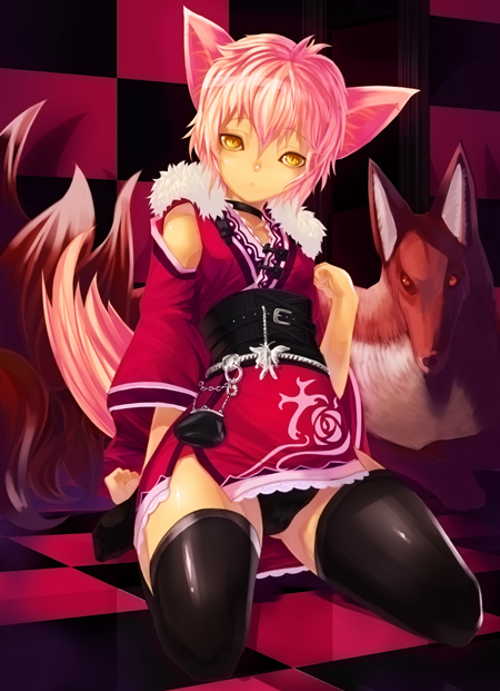 animal ears, choker, detached sleeves, fox, fox ears, panties, pantyshot, pink hair, short hair, solo, tail, thighhighs, underwear, yellow eyes