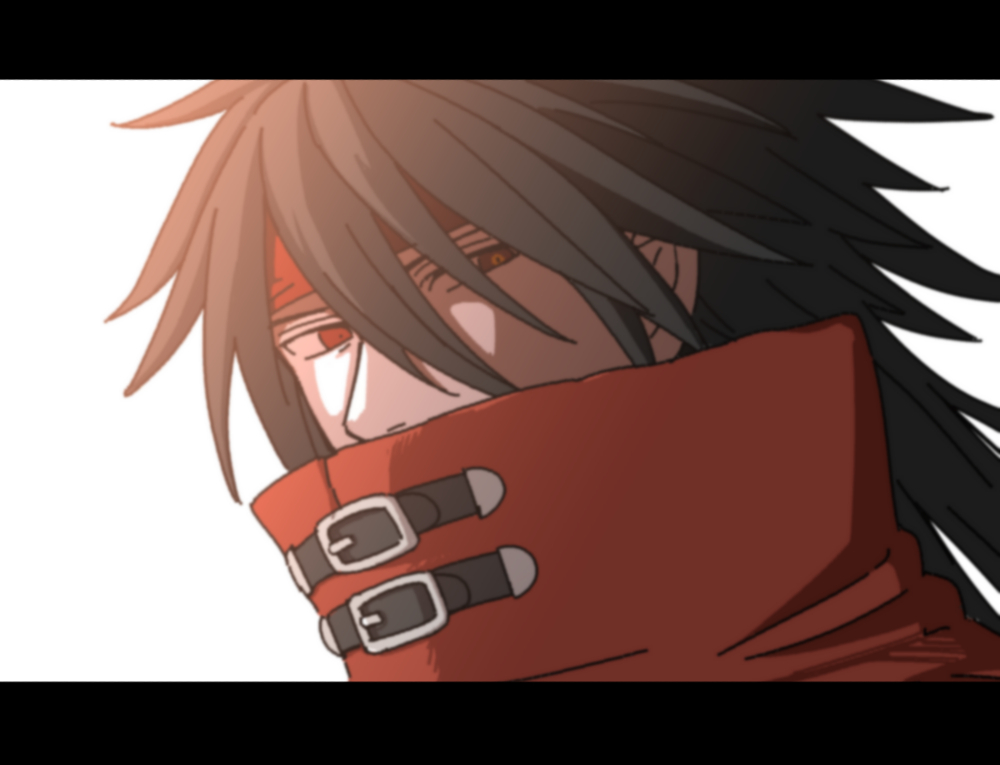 s m man, vincent valentine, final fantasy, final fantasy vii, 1boy, black border, black hair, border, cloak, close-up, covered mouth, glowing, glowing eyes, hair between eyes, headband, letterboxed, long hair, looking at viewer, male focus, messy hair, red cloak, red eyes, red headband, solo, upper body, white background