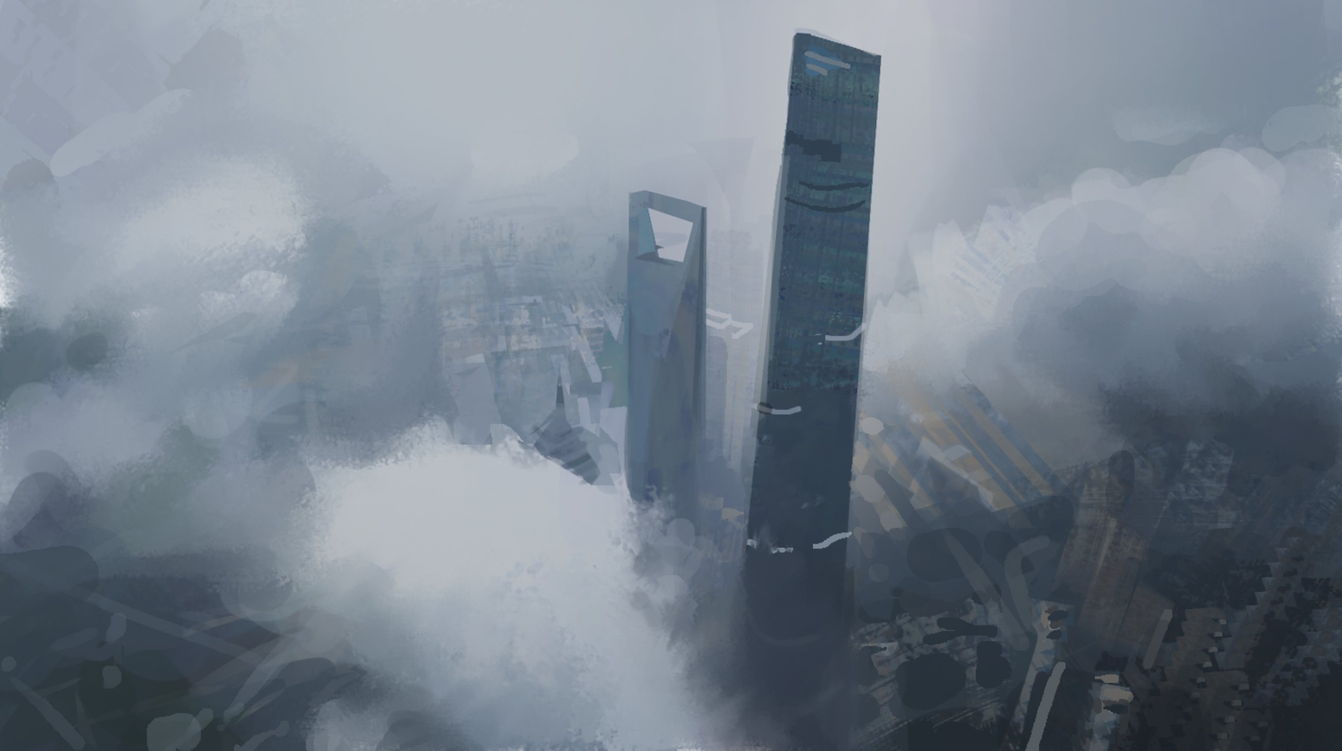 samuel smith, original, highres, above clouds, building, city, cloud, cloudy sky, fog, from above, greyscale, monochrome, no humans, painterly, scenery, sky, skyscraper