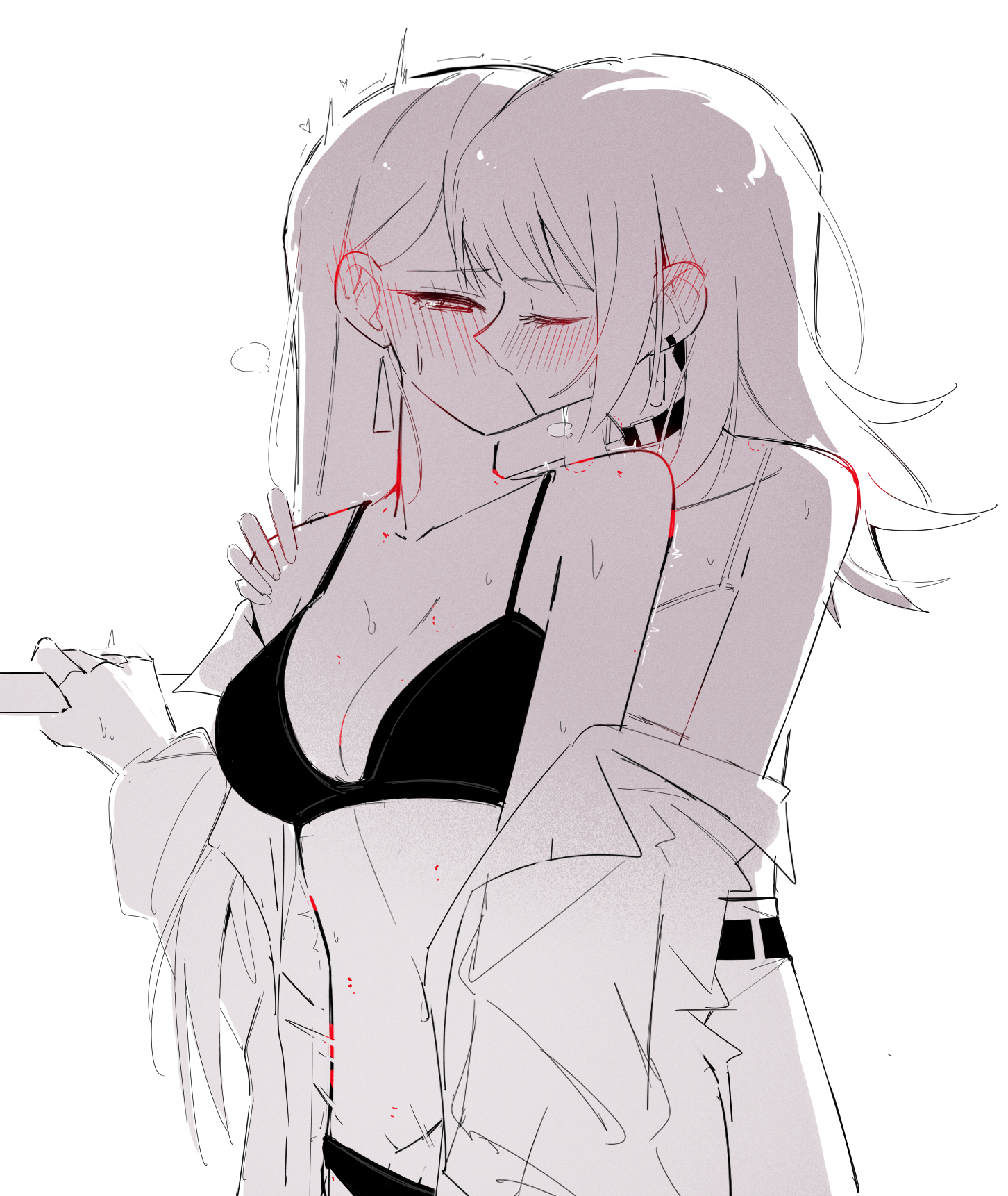 zikiki1092, shiina taki, yahata umiri, bang dream!, bang dream! it's mygo!!!!!, commentary request, highres, 2girls, bite mark, bite mark on breast, bite mark on shoulder, blush, bra, breasts, camisole, cleavage, closed eyes, ear blush, earrings, greyscale, half-closed eyes, hand on another's shoulder, jewelry, kiss, long hair, long sleeves, medium breasts, monochrome, multiple girls, off shoulder, skirt, spot color, sweat, underwear, yuri