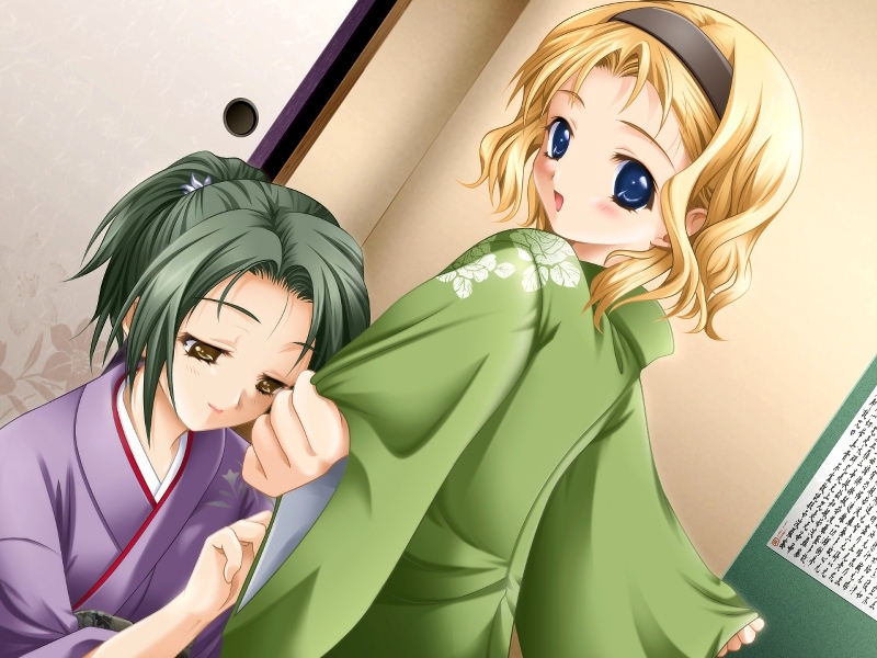 masaharu, senomoto hisashi, koga yoshiki, takeno chihiro, tokidoki sugar, game cg, blonde hair, blue eyes, blush, brown eyes, child, dressing, dutch angle, fitting, green hair, grey hair, hairband, japanese clothes, kimono, looking back, ponytail, short hair, smile