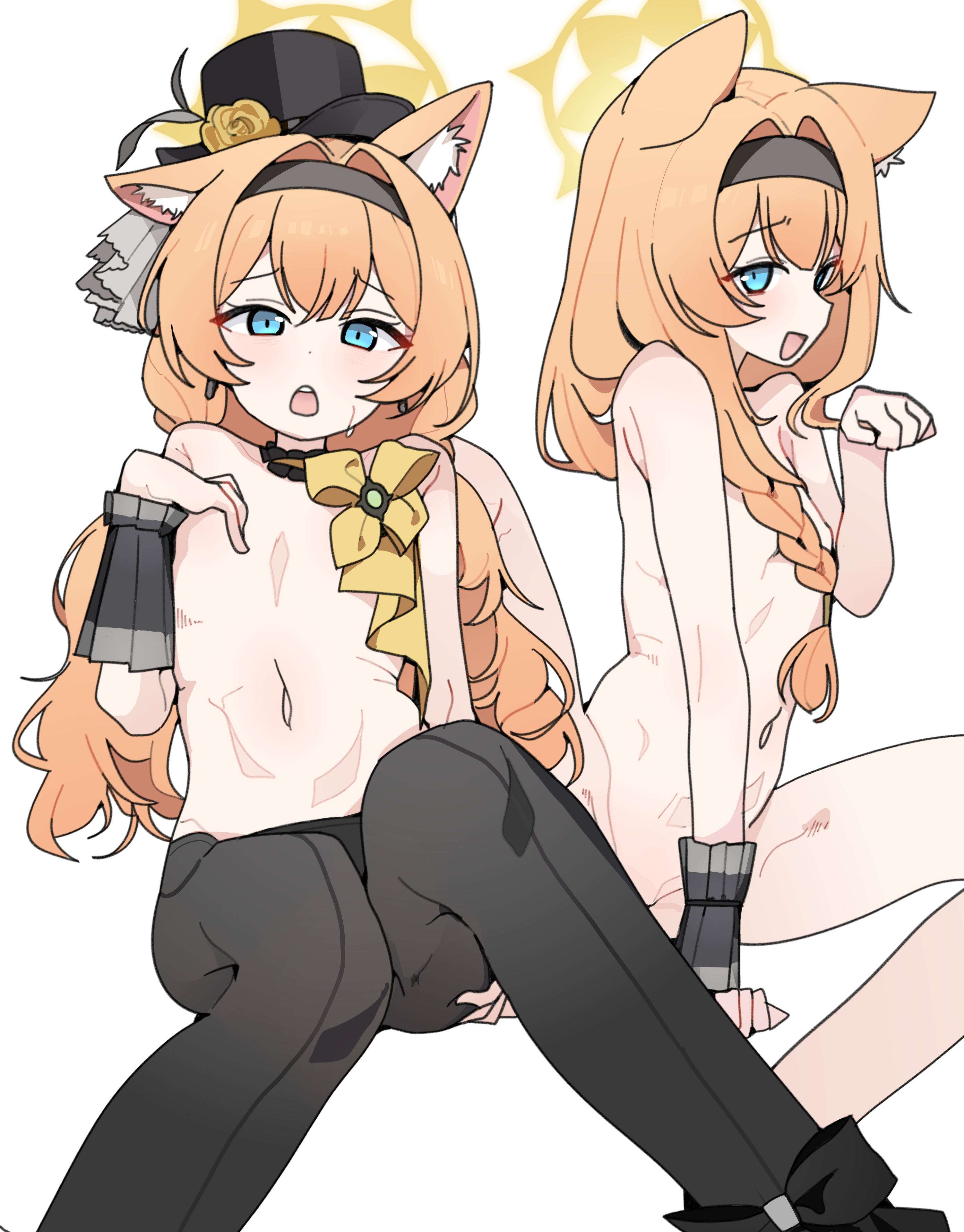 pearlgang e, mari (blue archive), mari (idol) (blue archive), blue archive, absurdres, commentary request, highres, 1girl, animal ears, black hairband, black hat, black pantyhose, blue eyes, braid, cat ears, cat girl, convenient censoring, flat chest, hairband, halo, hat, long hair, looking at viewer, multiple views, navel, official alternate costume, open mouth, orange hair, pantyhose, simple background, sitting, teeth, top hat, topless female, twintails, upper teeth only, white background, wrist cuffs, yellow halo