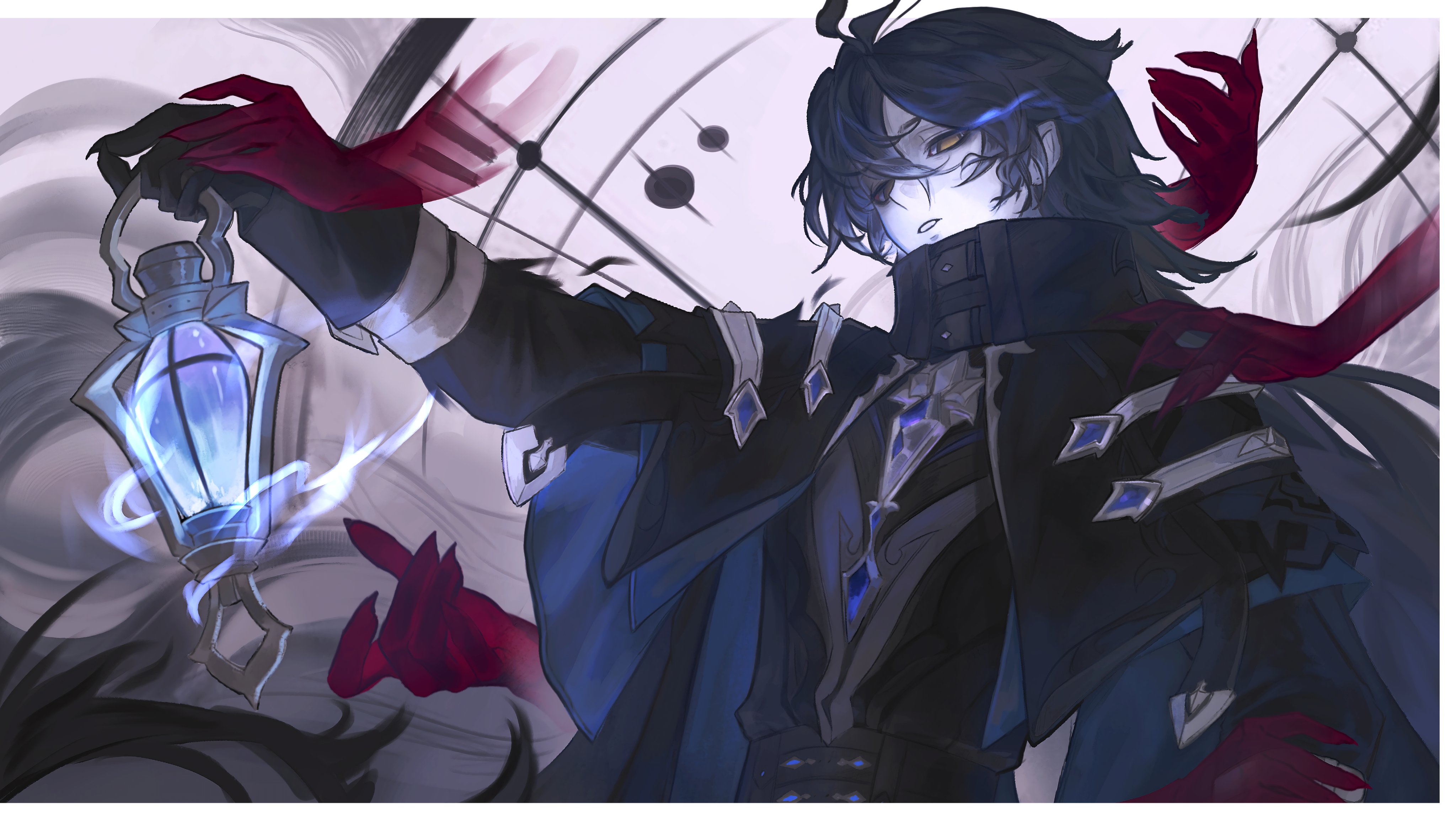 yoohoofox, flins (genshin impact), genshin impact, absurdres, commentary, hashtag-only commentary, highres, 1boy, antenna hair, black coat, black gloves, blue hair, border, coat, empty eyes, gloves, hair behind ear, hand on another's hand, holding, holding lantern, lantern, layered sleeves, long sleeves, looking at viewer, male focus, parted bangs, parted lips, solo, teeth, upper body, white border, yellow eyes
