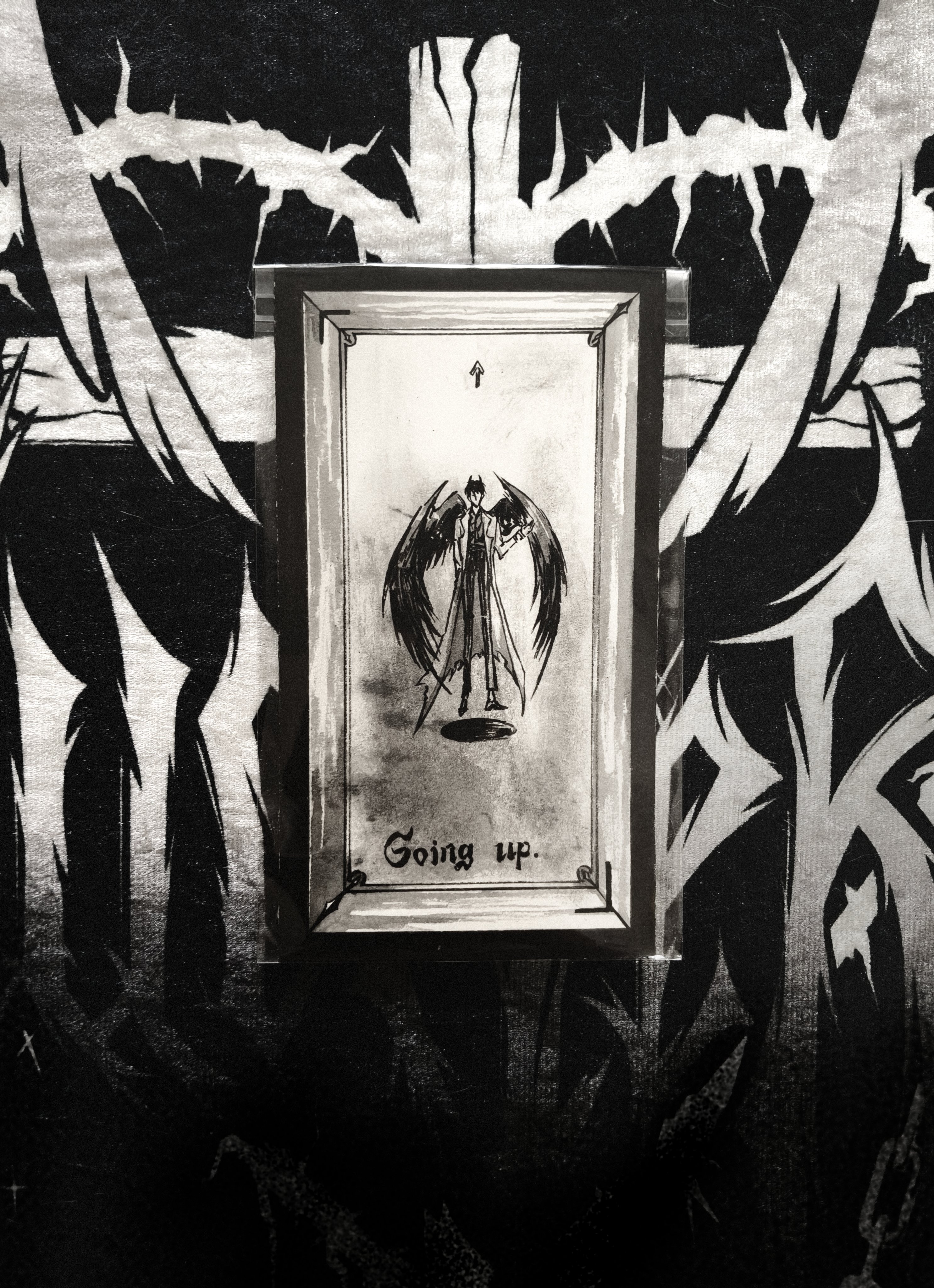 mq cg, kim dokja, omniscient reader's viewpoint, absurdres, highres, 1boy, black wings, cape, coat, cross, demon horns, english text, faceless, feathered wings, floating, greyscale, hand in pocket, horns, iei, male focus, monochrome, official alternate costume, open clothes, open coat, portrait (object), solo, stain, stake, standing, white cape, wings