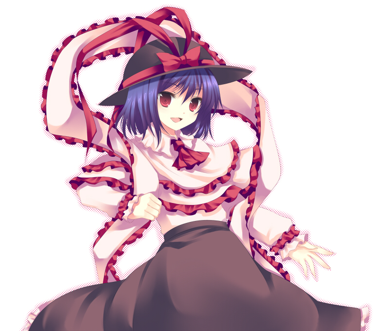 takase kanan, nagae iku, touhou, eyebrows, bad id, bad pixiv id, 1girl, ascot, black hat, brown skirt, capelet, cowboy shot, female focus, frilled capelet, frilled skirt, frills, hat, hat ribbon, long sleeves, open mouth, pink shirt, purple hair, red ascot, red eyes, red ribbon, ribbon, scarf, shirt, short hair, skirt, solo