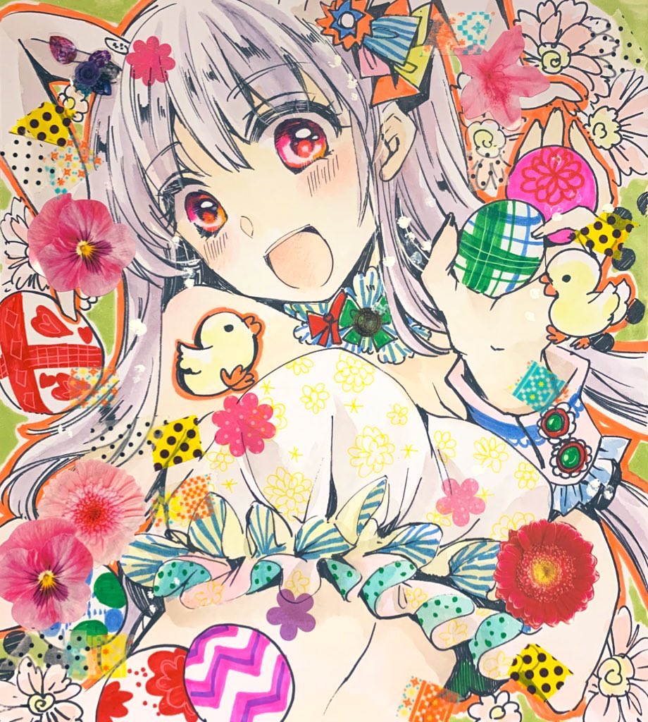 iori (akaringo), reisen udongein inaba, touhou, 1girl, baby animal, bikini, bikini top only, bird, chick, easter egg, egg, floral print, flower, frilled bikini, frills, looking at viewer, navel, open mouth, purple hair, red eyes, solo, swimsuit, upper body, yellow bikini