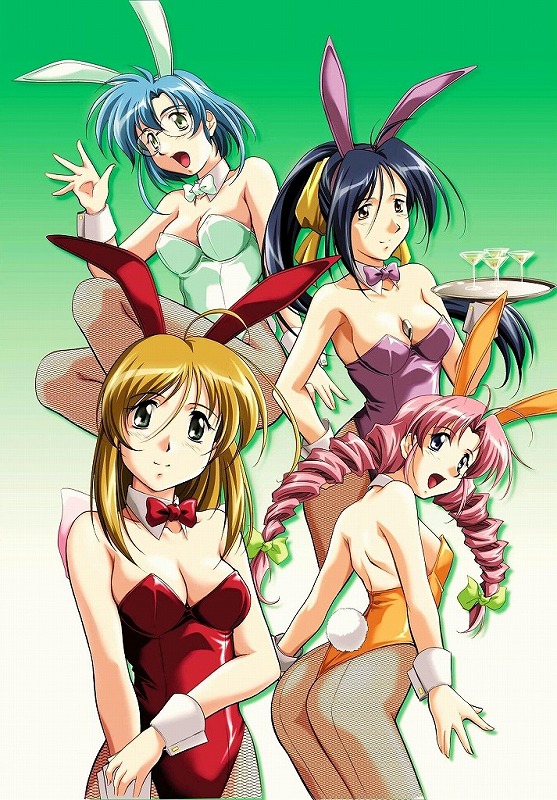 yamane masahiro, hase chimaki, ishigami sae, kugenuma ryo, yanagi hiromi, ecchi na bunny-san wa kirai?, zyx, light brown hair, official art, 4girls, :d, ahoge, animal ears, antenna hair, ass, back, bare shoulders, between breasts, black hair, blonde hair, blue eyes, blue hair, blush, bow, bowtie, breasts, cleavage, cocktail glass, cup, detached collar, drill hair, drink, drinking glass, everyone, fake animal ears, fake tail, fishnet pantyhose, fishnets, flat chest, glasses, gradient background, green background, green eyes, grey eyes, hair bow, hair ribbon, hand on own hip, happy, high ponytail, highleg, highleg leotard, holding, holding own arm, leotard, light smile, long hair, looking at viewer, looking back, low-tied long hair, multiple girls, open mouth, pantyhose, pink hair, playboy bunny, ponytail, rabbit ears, red leotard, ribbon, rimless eyewear, short hair, sideboob, sidelocks, sitting, small breasts, smile, standing, tail, thighhighs, thong, thong leotard, tray, twin drills, waitress, waving, wrist cuffs