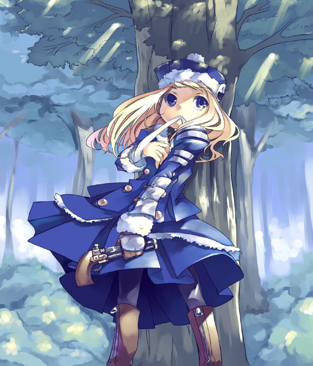 mikage sekizai, gunner (sekaiju), gunner 2 (sekaiju), jack frost (megami tensei), atlus, etrian odyssey, 1girl, bandages, blonde hair, blue eyes, female focus, gun, handgun, hat, long hair, mouth hold, pistol, solo, tree, weapon