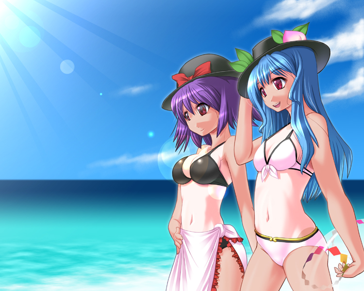 you naka, hinanawi tenshi, nagae iku, touhou, 2girls, bikini, black bikini, blue hair, day, female focus, food, fruit, hat, innertube, long hair, multiple girls, ocean, peach, pink bikini, pink sarong, purple hair, ribbon, sarong, short hair, swim ring, swimsuit, tan