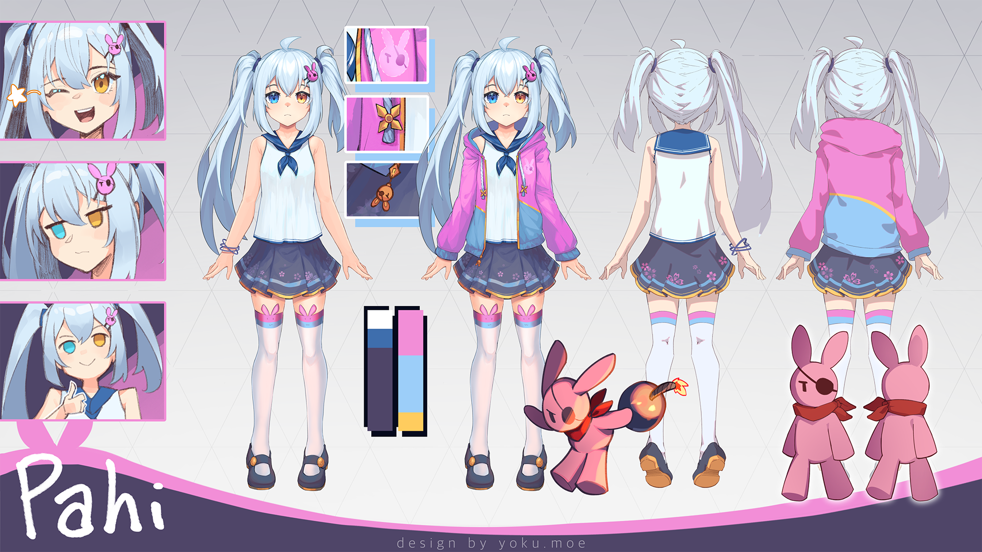 yokura (yukilina), pahichannel, indie virtual youtuber, highres, 1girl, ahoge, animal ear legwear, asymmetrical hair, blue eyes, blue hair, bomb, dress, explosive, eyepatch, flustered, from behind, hair ornament, heterochromia, jacket, jackie (pahichannel), jewelry, lit fuse, multicolored thighhighs, multiple expressions, multiple views, one eye closed, open clothes, open jacket, open mouth, orange eyes, patterned background, rabbit, rabbit ear legwear, rabbit hair ornament, red scarf, reference sheet, sailor collar, scarf, shirt, shoes, skirt, sleeveless, sleeveless shirt, smile, star (symbol), thighhighs, thumbs up, twintails, uneven twintails, virtual youtuber