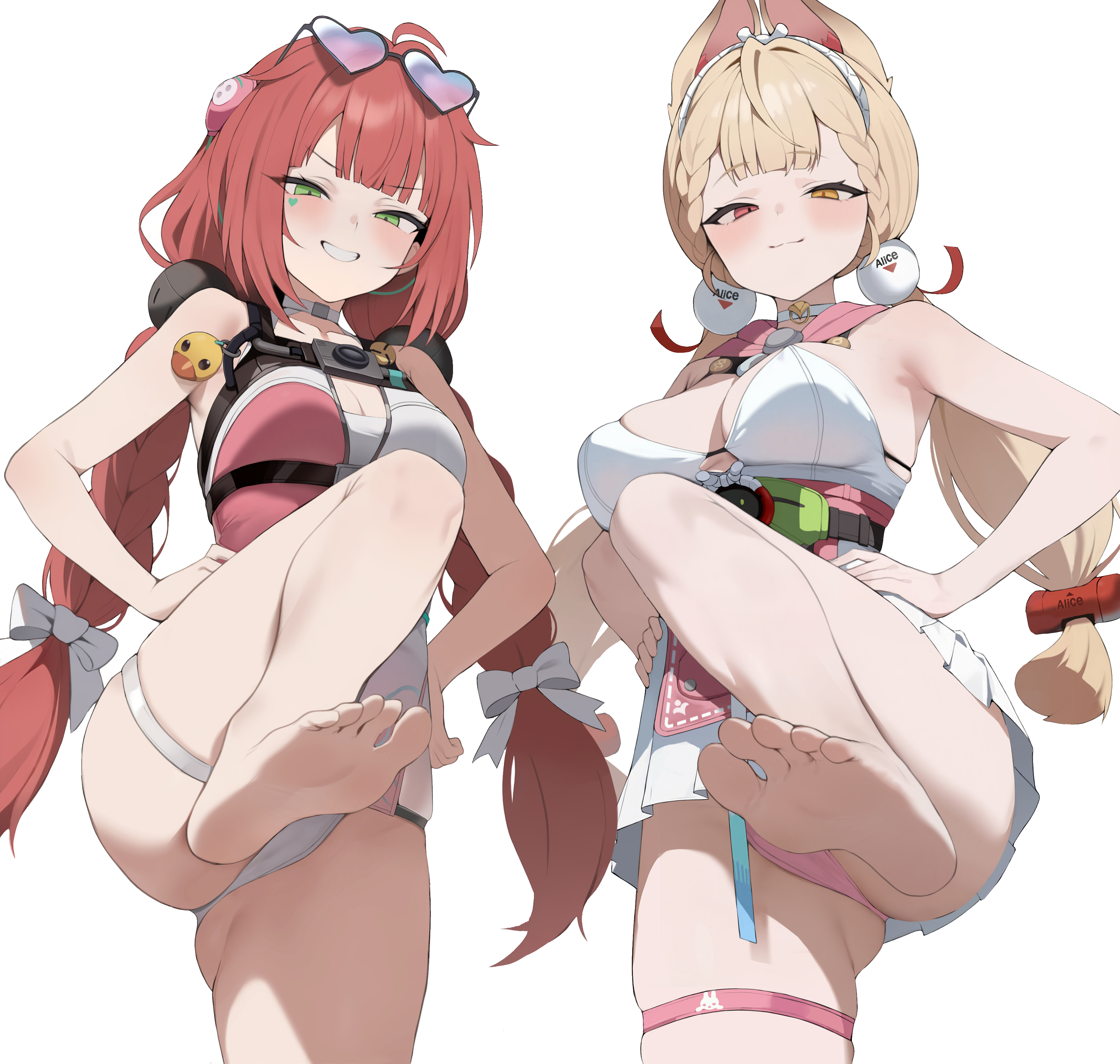 redshark (t373412), alice thymefield, alice thymefield (sea of thyme), ukinami yuzuha, ukinami yuzuha (tanuki in broad daylight), zenless zone zero, absurdres, commentary, highres, 2girls, :3, ahoge, animal ears, armpits, bare arms, bare legs, bare shoulders, barefoot, bikini, bikini under clothes, blonde hair, braid, breasts, choker, cleavage, closed mouth, cowboy shot, dress, eyewear on headwear, feet, foot focus, green eyes, grin, hands on own hips, heart, heart-shaped eyewear, heterochromia, large breasts, leg up, long hair, looking at viewer, low twintails, medium breasts, multiple girls, official alternate costume, one-piece swimsuit, pink bikini, pink one-piece swimsuit, presenting foot, rabbit ears, red eyes, red hair, short dress, simple background, skindentation, smile, smug, soles, standing, standing on one leg, sunglasses, swimsuit, thigh strap, thighs, toes, twin braids, twintails, two-tone one-piece swimsuit, v-shaped eyebrows, very long hair, white background, white choker, white dress, yellow eyes