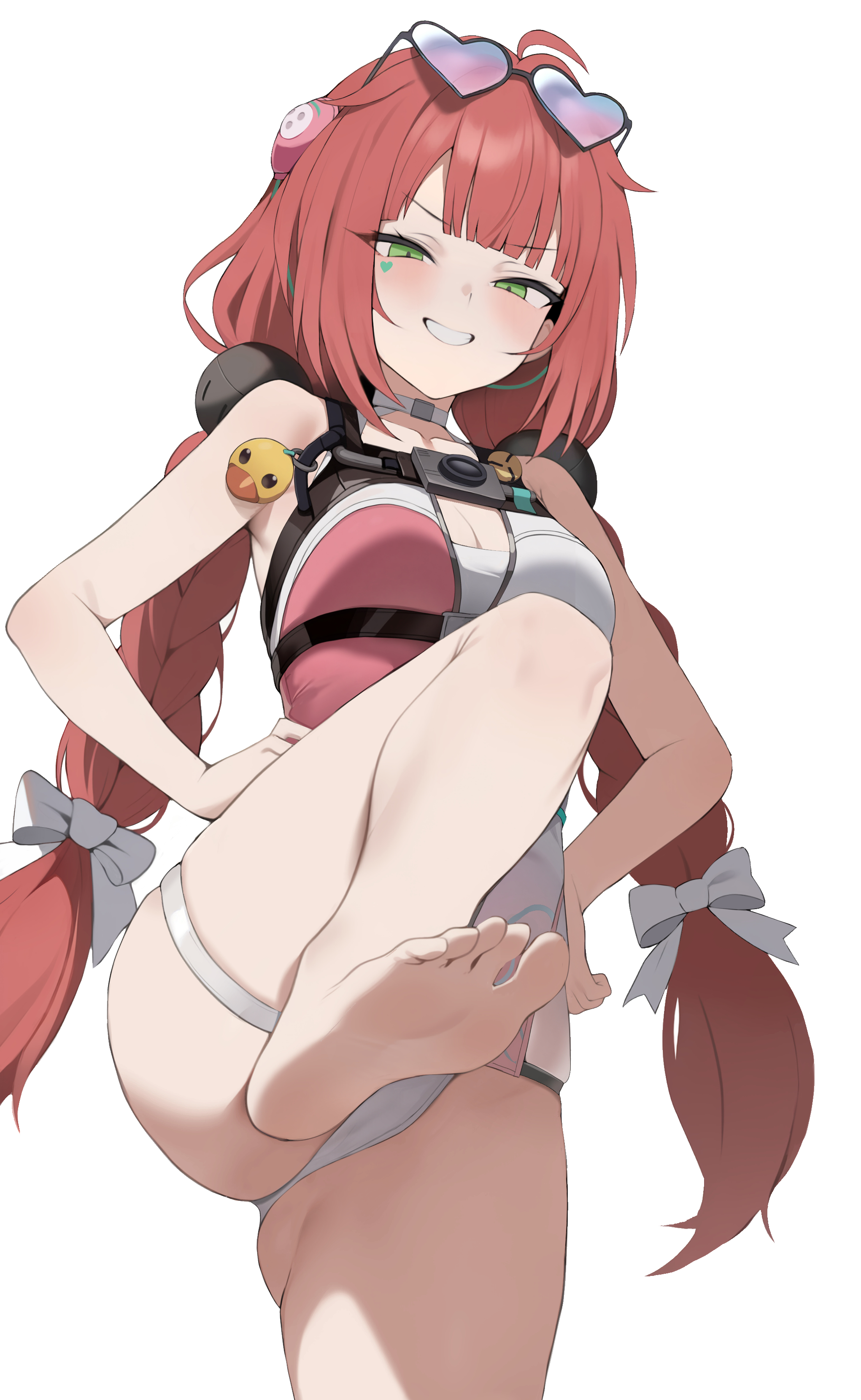 redshark (t373412), ukinami yuzuha, ukinami yuzuha (tanuki in broad daylight), zenless zone zero, absurdres, commentary, highres, 1girl, ahoge, bare shoulders, barefoot, braid, breasts, choker, eyewear on headwear, feet, foot focus, green eyes, grin, hands on own hips, heart, heart-shaped eyewear, leg up, long hair, looking at viewer, low twintails, medium breasts, official alternate costume, one-piece swimsuit, pink one-piece swimsuit, red hair, simple background, smile, soles, solo, standing, standing on one leg, sunglasses, swimsuit, thigh strap, thighs, toes, twin braids, twintails, two-tone one-piece swimsuit, v-shaped eyebrows, very long hair, white background, white choker
